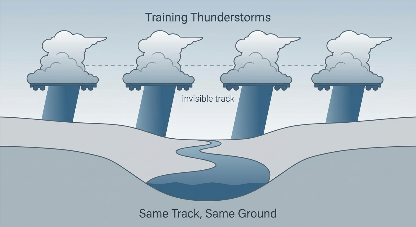 Cross-section diagram of training thunderstorms repeatedly tracking over the same ground, shown as a conveyor belt of storm cells with rainfall accumulation arrows pooling in a river valley below