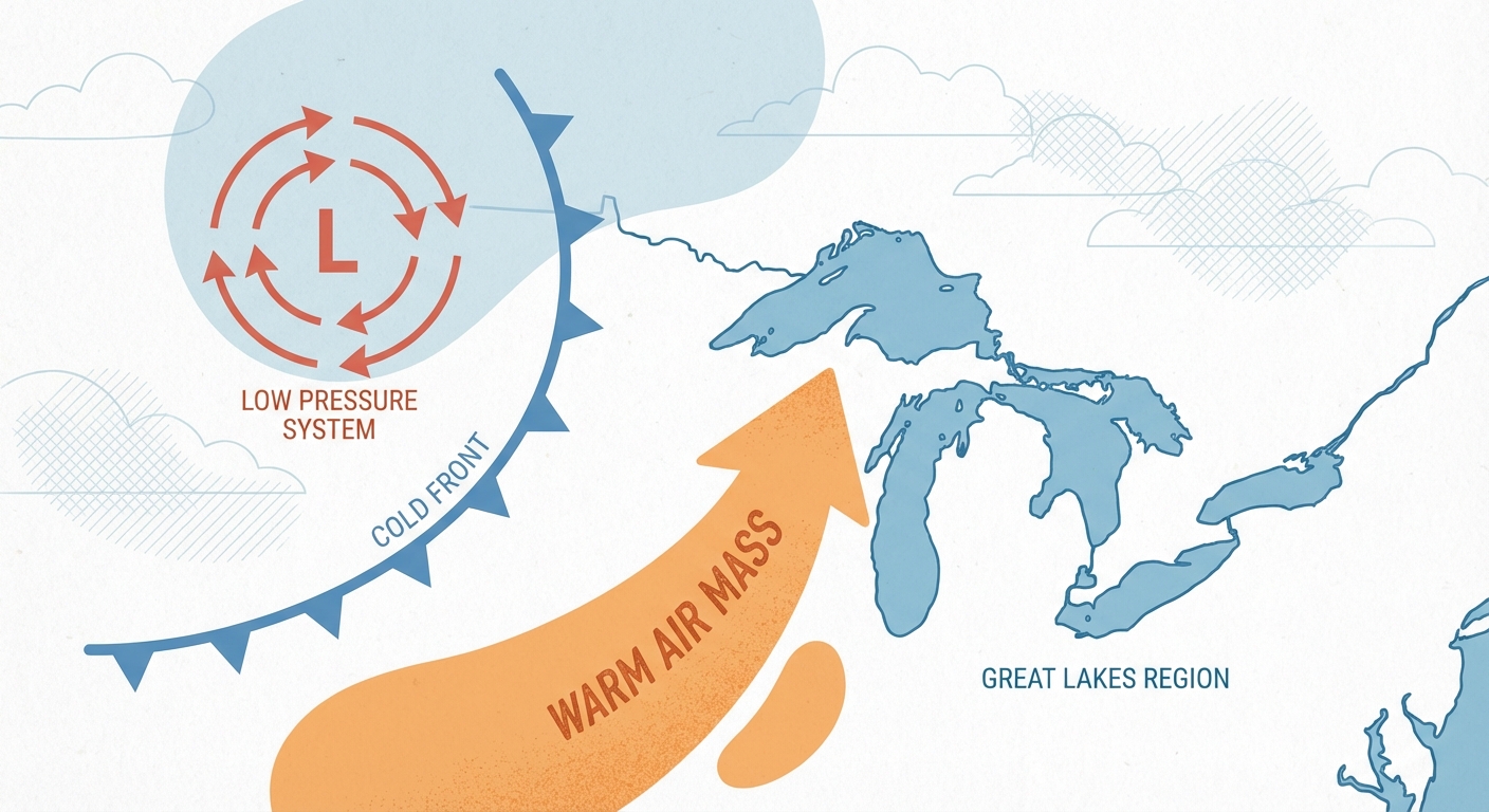 Warm air surging north clashing with cold air