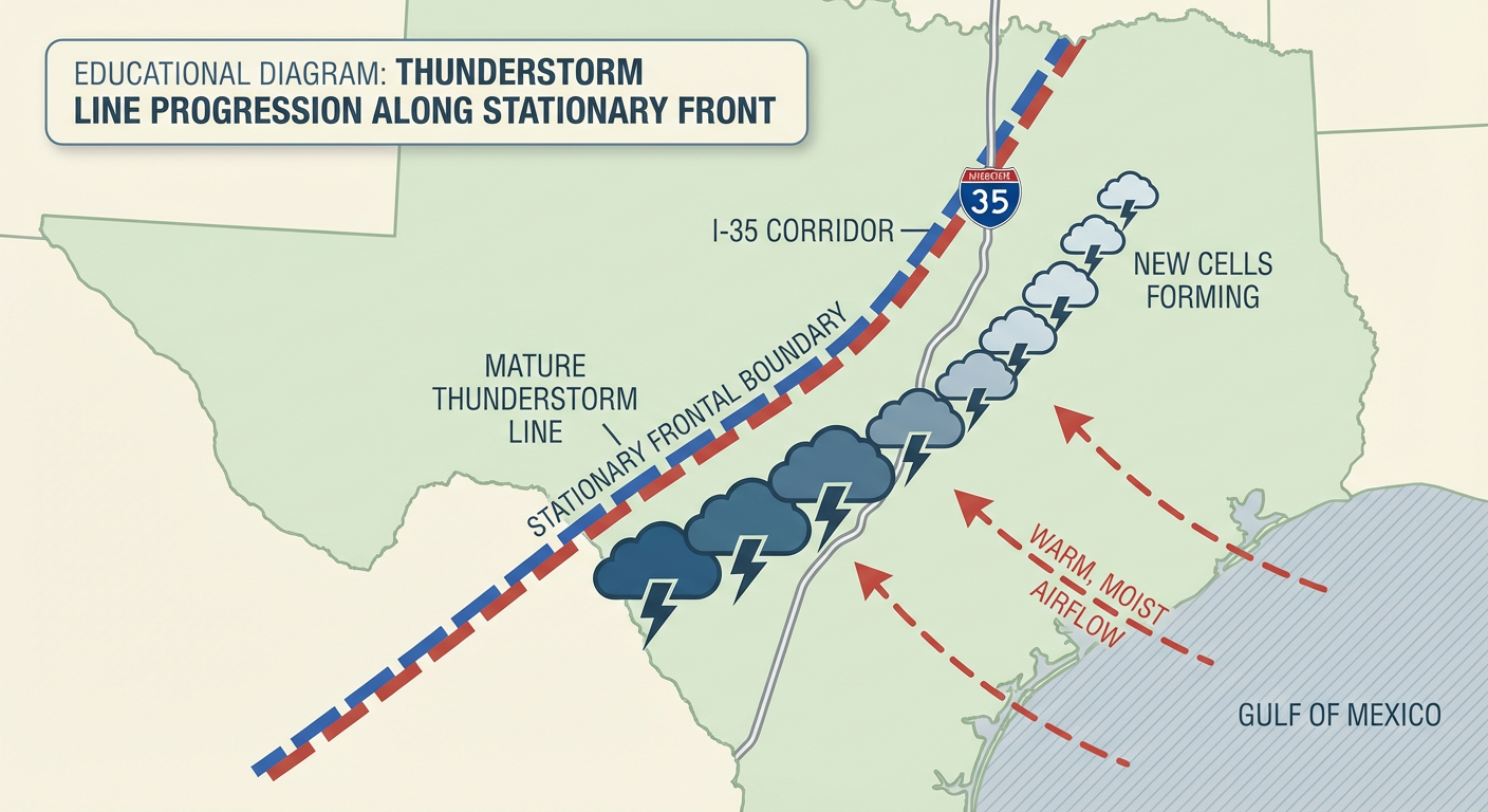 Diagram showing backbuilding thunderstorms along a stationary boundary over Central Texas