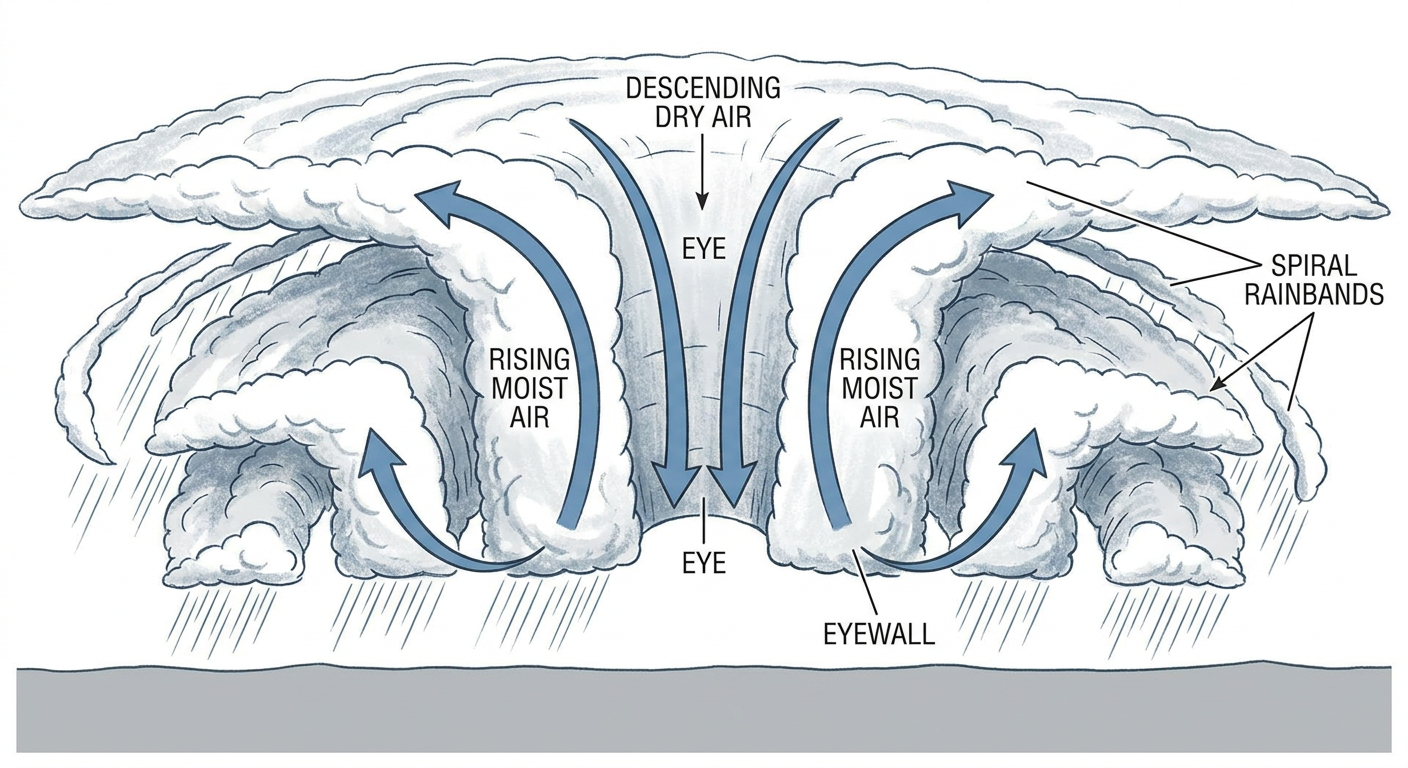 Cross-section diagram of a hurricane showing the eye, eyewall, and spiral rainbands with labeled arrows for descending dry air in the eye and rising moist air in the eyewall