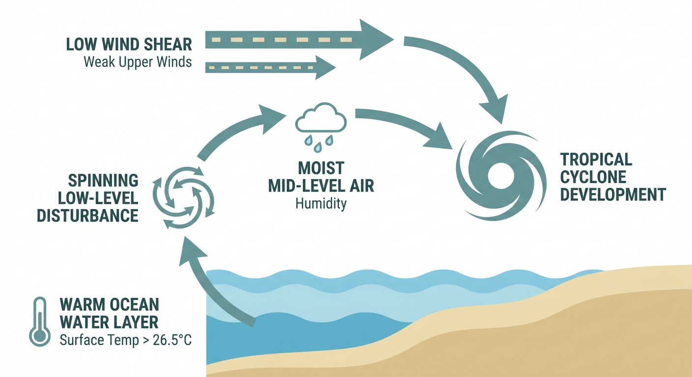 A labeled cutaway diagram showing the ingredients needed for tropical cyclone development: warm ocean water layer, a spinning low-level disturbance, moist mid-level air, and low wind shear arrows, arranged as a simple educational flow chart with clean typography