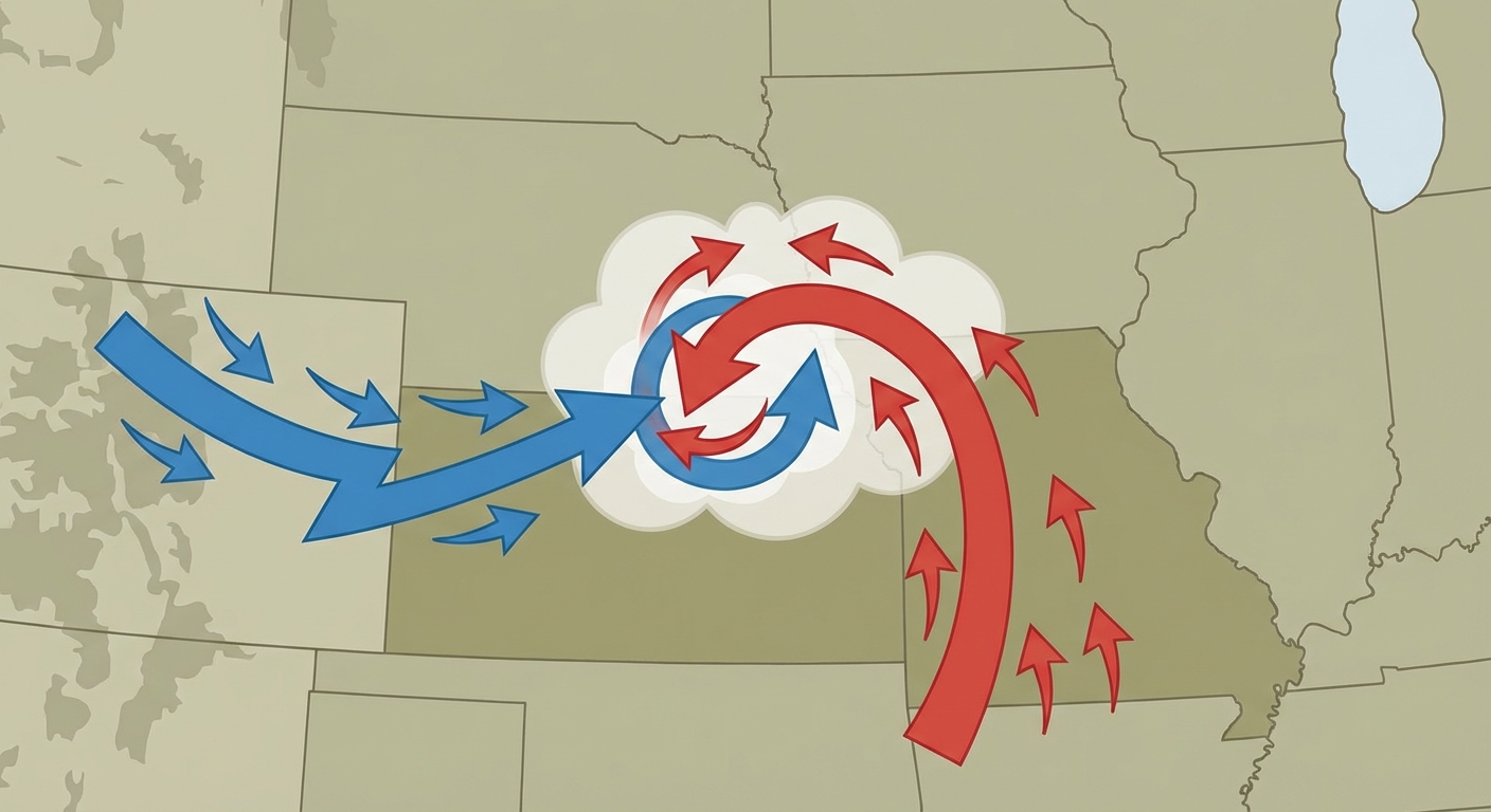 Warm front lifting across the Plains