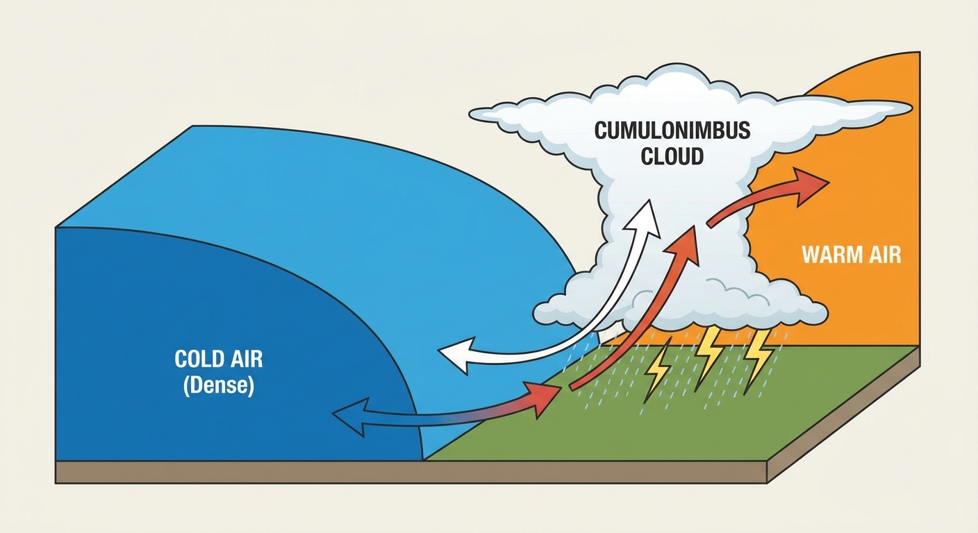 Diagram showing a cold front lifting hot air