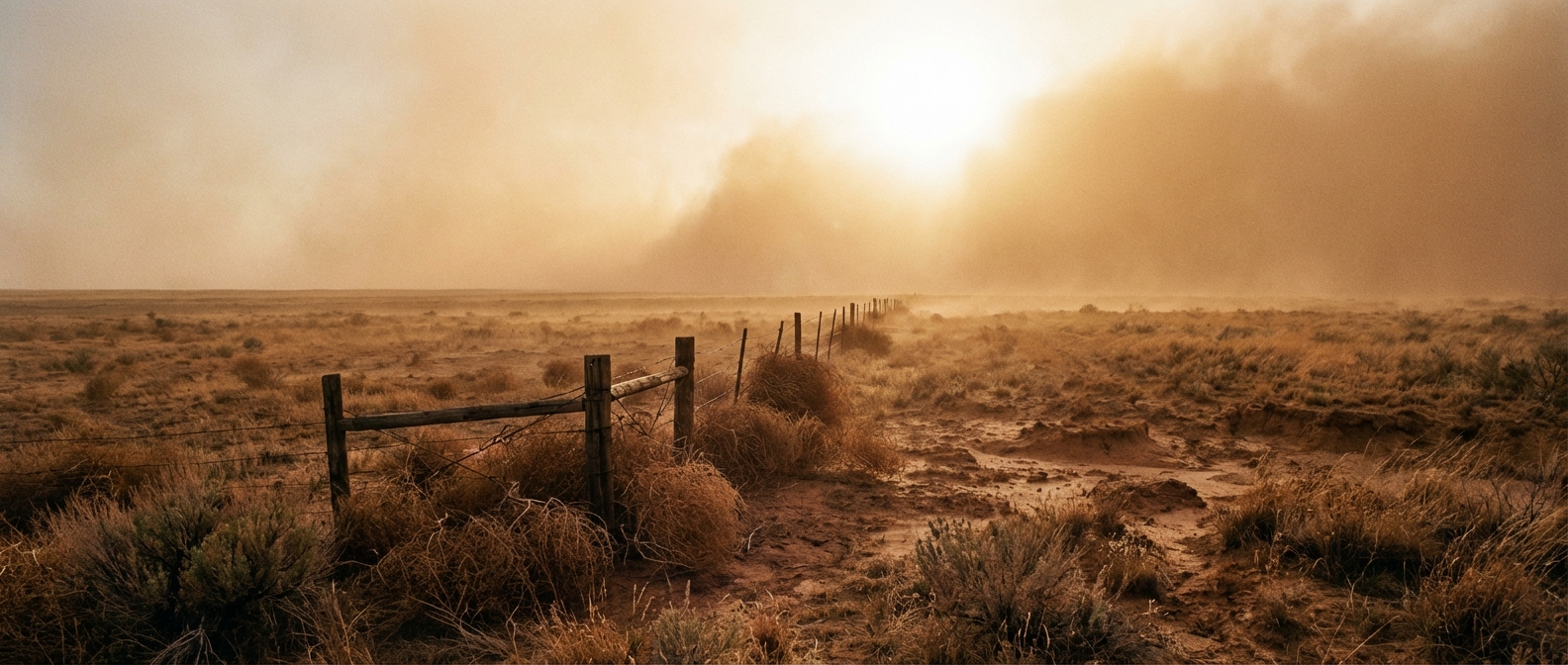 Hazy, dusty conditions across a dry field