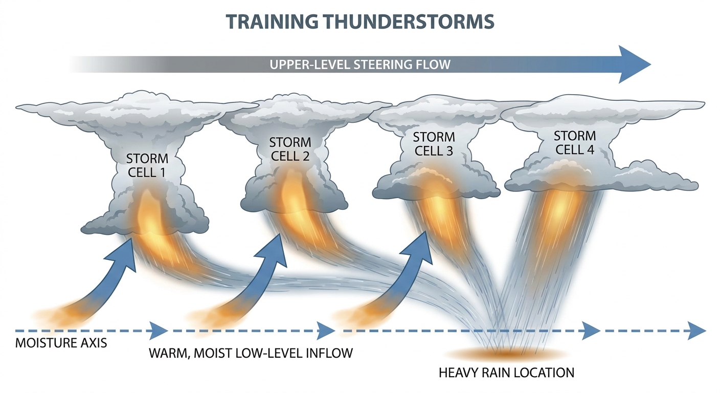 Cross-section diagram showing training thunderstorms, with multiple storm cells lined up along a low-level moisture axis, repeatedly passing over the same location, labeled arrows showing moist inflow and heavy rain cores