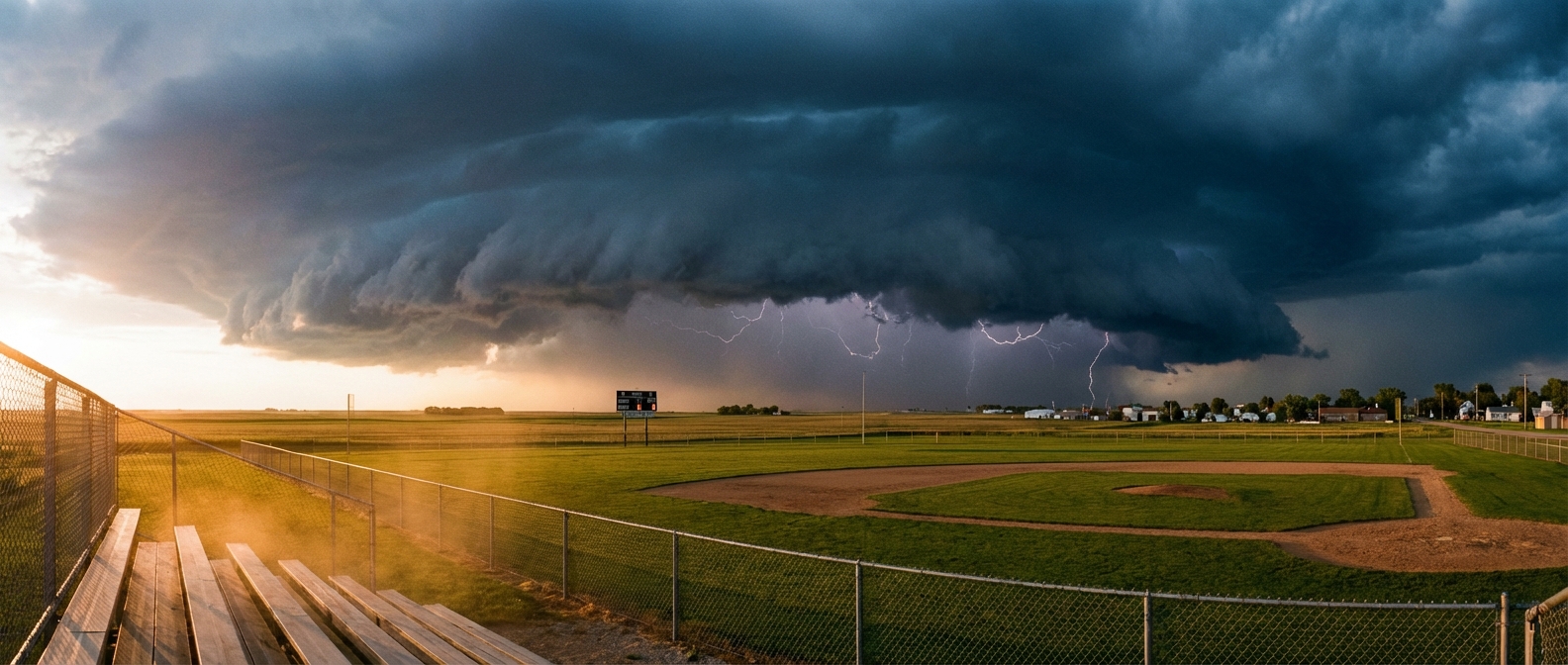 Dark clouds over a baseball field