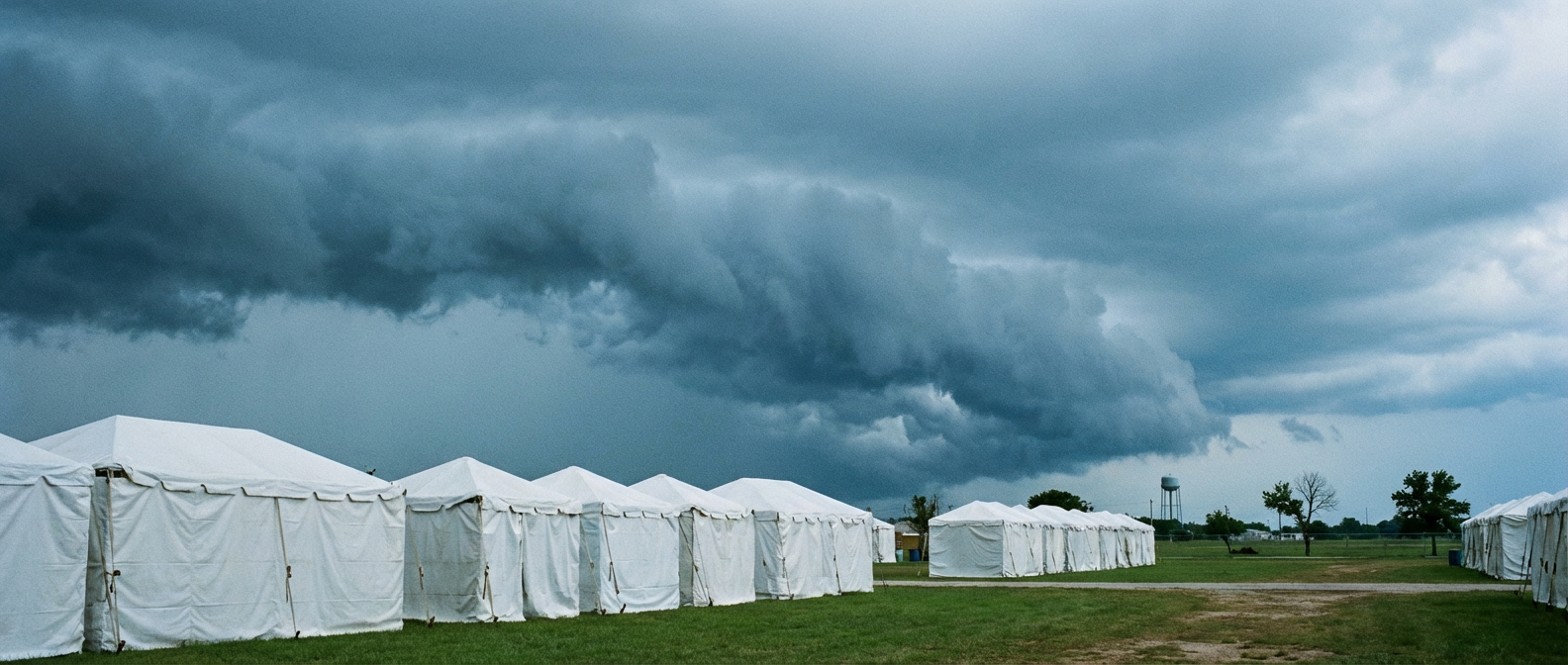 Festival grounds with approaching storm