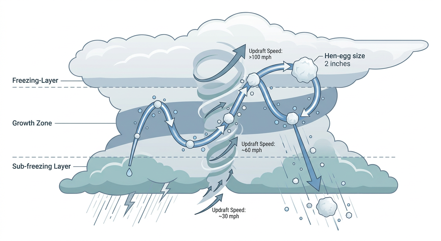 Cross-section diagram showing how a thunderstorm updraft carries a hailstone up and down through layers of supercooled water, building concentric ice layers until it reaches golf-ball to hen-egg size, labeled with temperature zones and updraft speed arrows