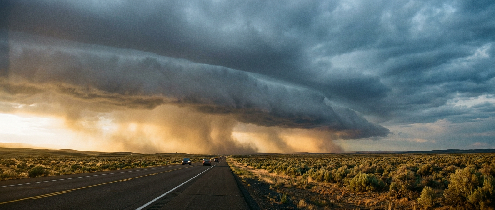 Dark storm clouds advancing over a high desert plain in the Pacific Northwest