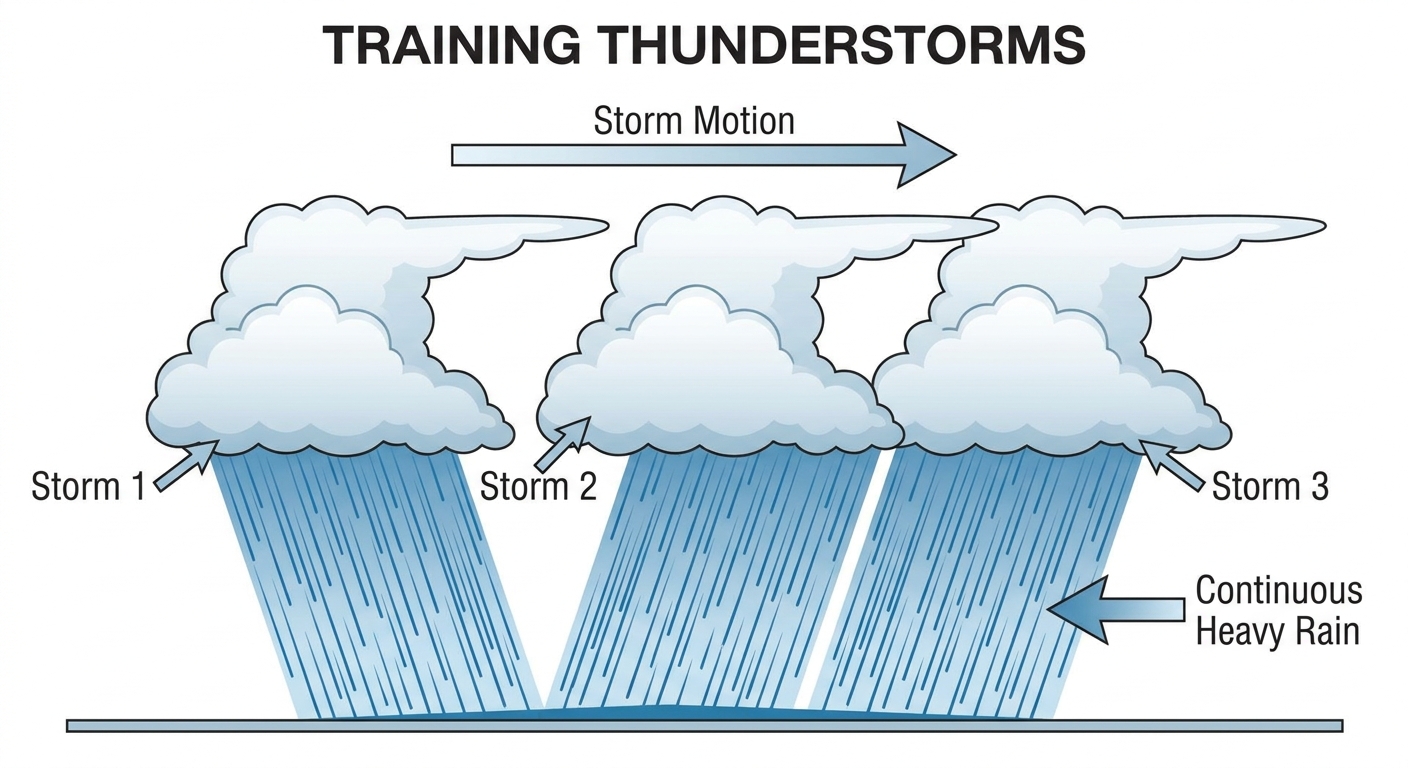 Diagram showing training thunderstorms