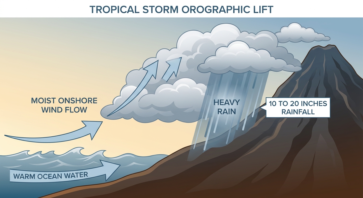 Orographic rain enhancement over volcanic terrain: cross-section diagram showing moist onshore tropical storm winds forced upward over steep mountain slopes, condensing into heavy rain shafts, labeled with rainfall totals of 10 to 20 inches, clean educational style, no logos or text branding beyond labels