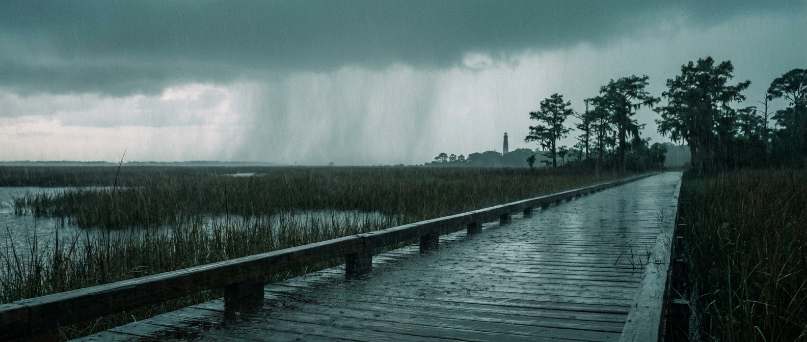 A slow gray dawn over a Gulf Coast marsh, heavy curtains of rain falling from a low stratus deck onto saw grass and a wooden boardwalk, muted teal and charcoal tones, wide low-angle shot emphasizing standing water pooling along the boardwalk planks