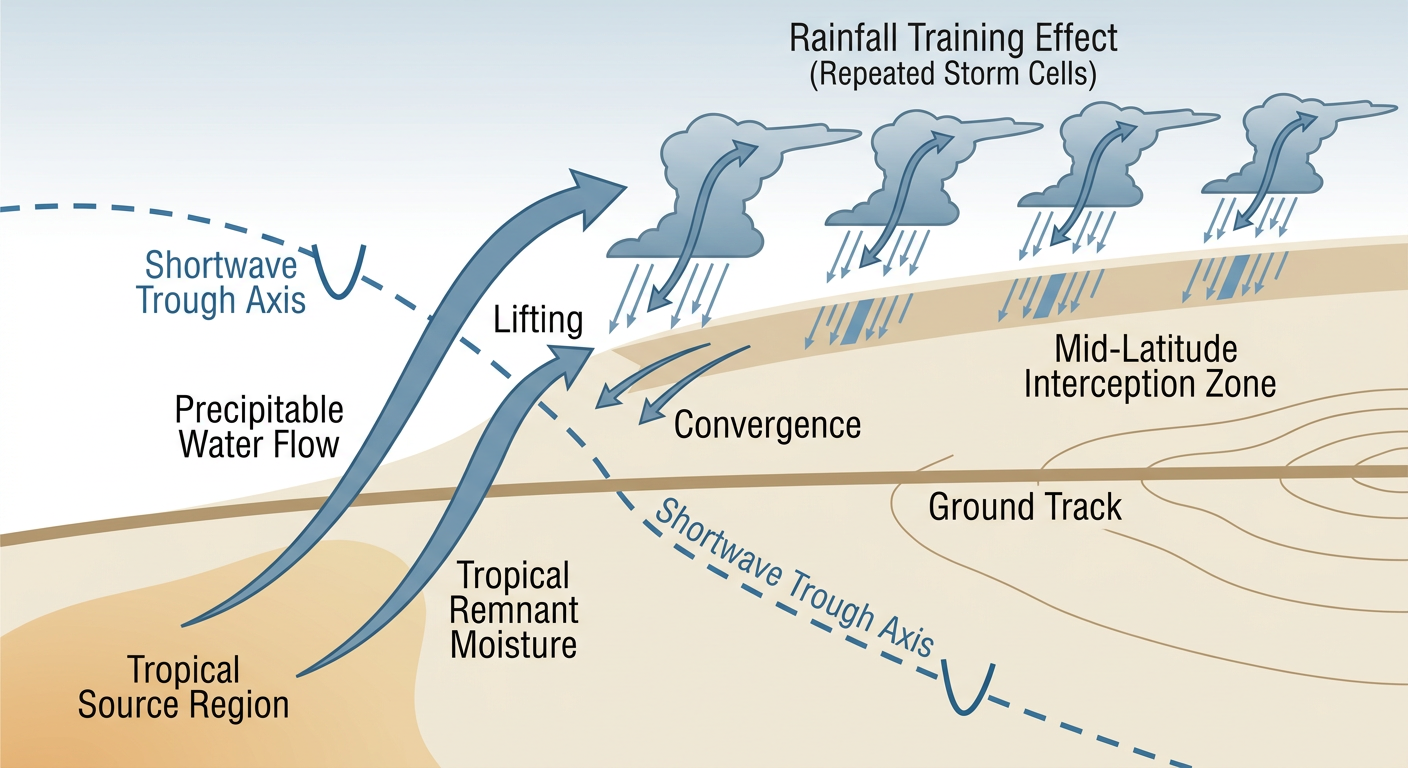 A cross-section diagram showing how tropical remnant moisture gets lifted northward and intercepted by a shortwave trough, with labeled arrows showing precipitable water flow, a shortwave trough symbol, and a rainfall training effect illustrated as repeated storm cells moving over the same ground track, clean educational infographic style, muted blue and tan color palette, no text logos