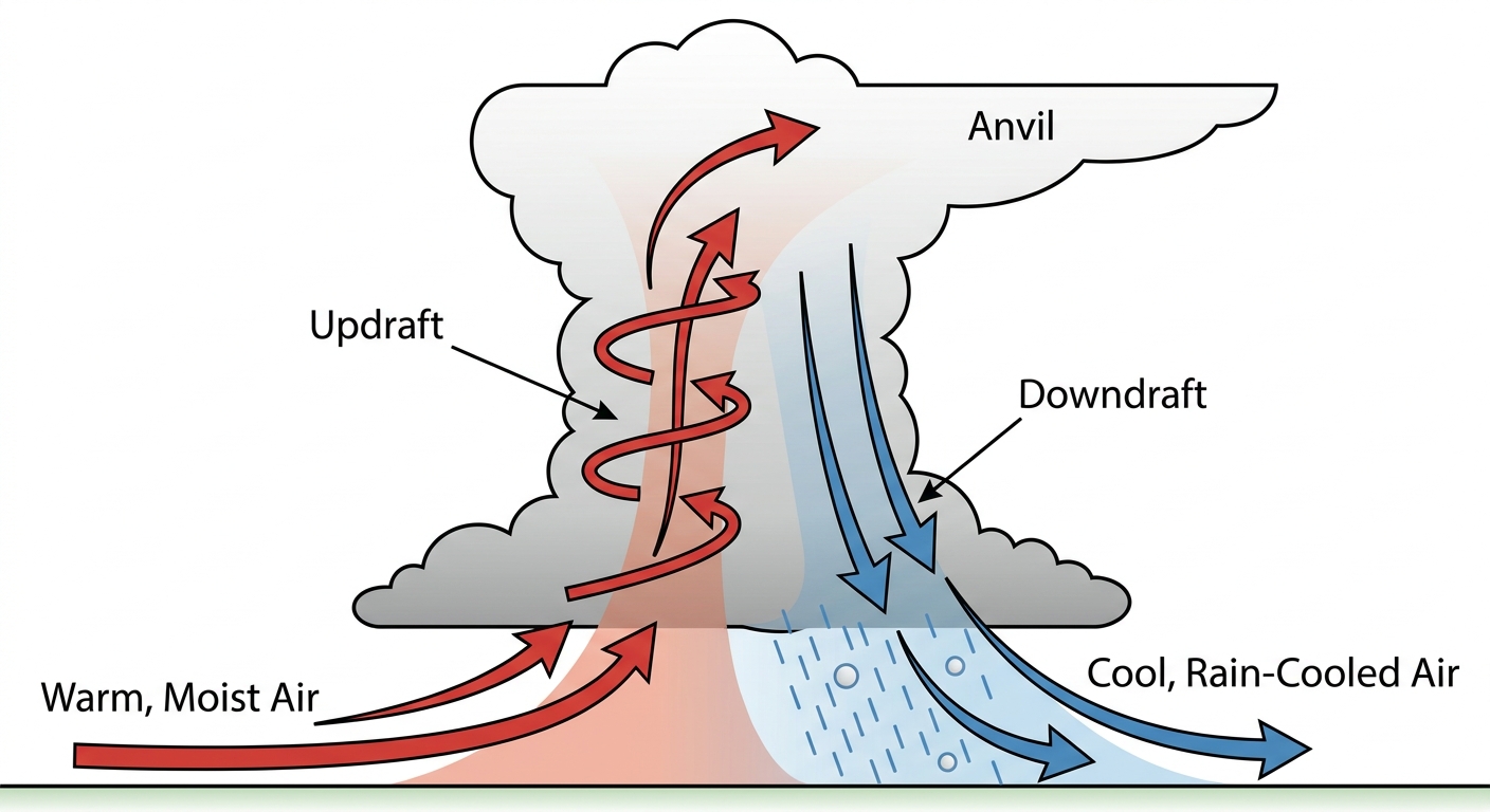 Diagram showing warm, moist air rising into an updraft to form a severe thunderstorm