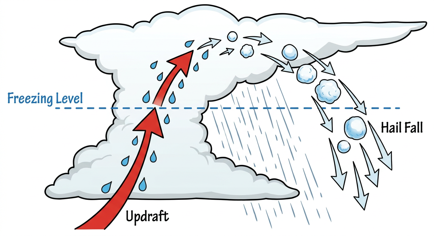 Diagram of hail formation inside a thunderstorm updraft