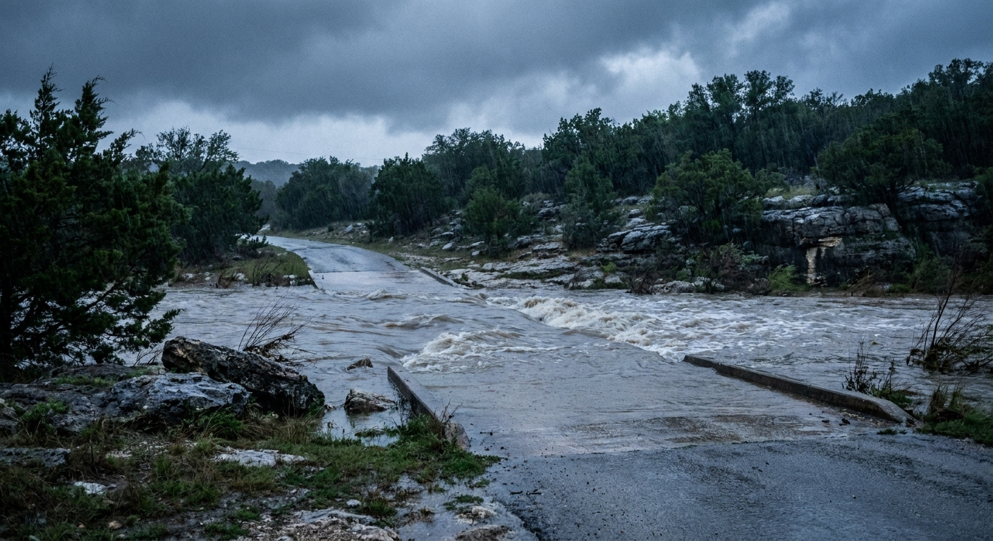 Heavy rain falling over a Texas Hill Country creek at dusk, water rising over a low concrete crossing, dark storm clouds overhead, cool blue-gray and deep green palette, low camera angle from the roadside