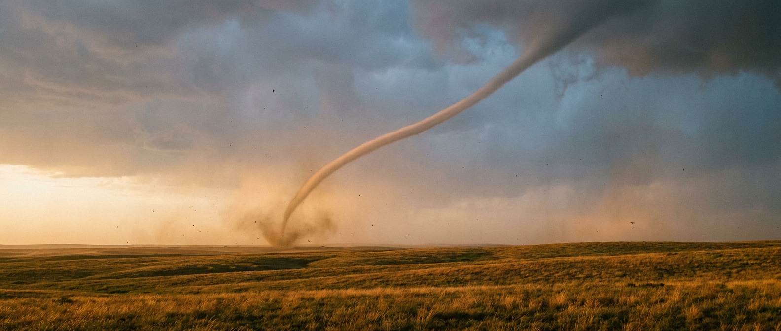 A supercell thunderstorm's rope-stage tornado stretches thin against a golden evening sky over rolling High Plains grassland, illustrating how a tornado narrows and weakens in its final moments, dry cool color grading, wide shot from a low angle, no structures or people visible