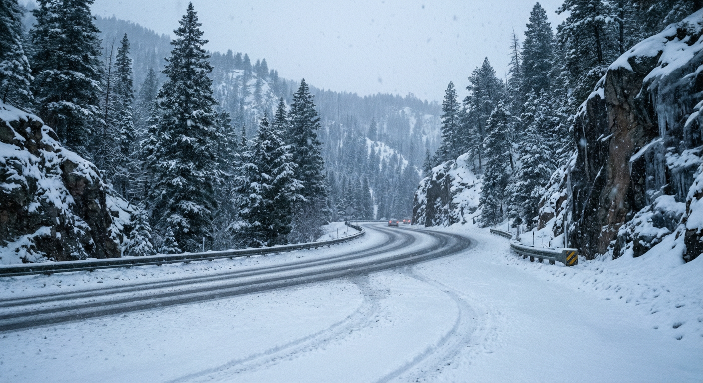 Heavy snow falling on a mountain pass