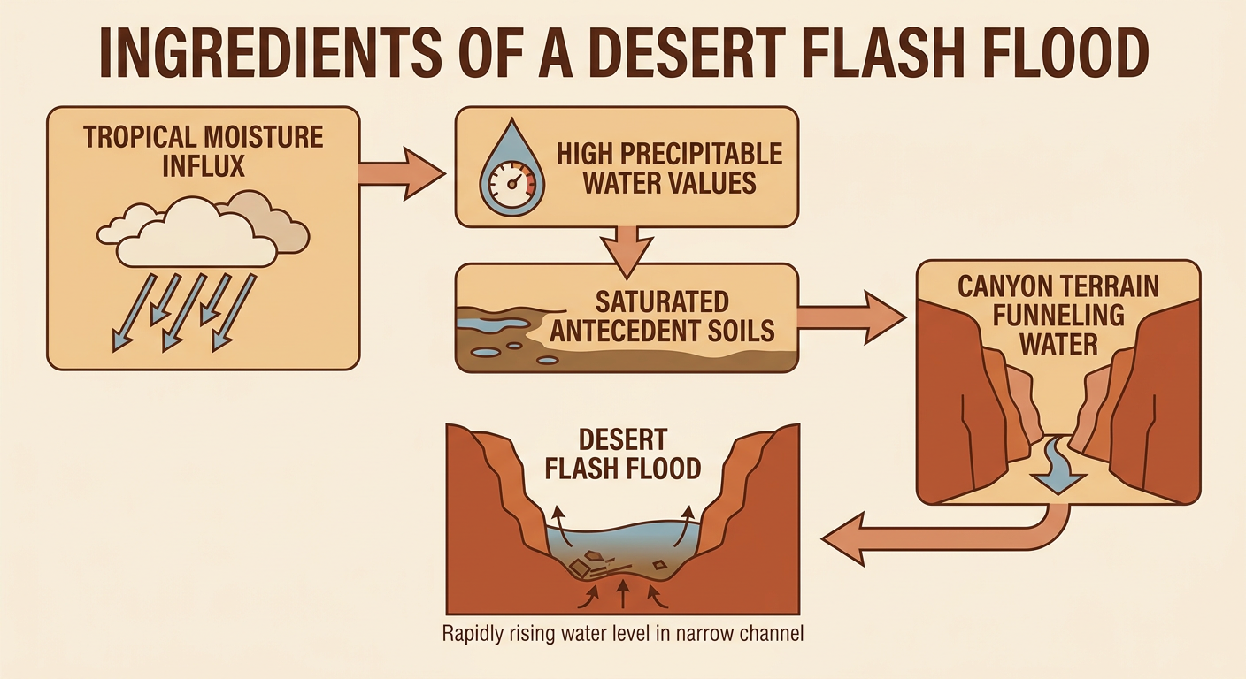 Flow chart diagram showing tropical moisture ingredients funneling into a desert flash flood: labeled arrows for precipitable water, monsoonal inflow, saturated soil, and terrain funneling into a slot canyon, with a simple before/after water level illustration, warm desert color palette, educational infographic style