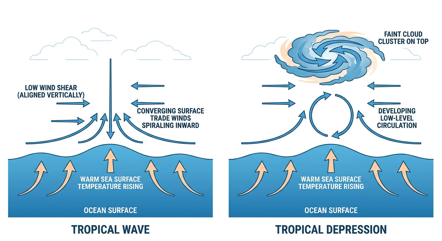 Cross-section diagram showing a tropical wave over open ocean transitioning into an organized tropical depression, with labeled arrows for warm sea-surface temperature, low wind shear, and converging surface winds