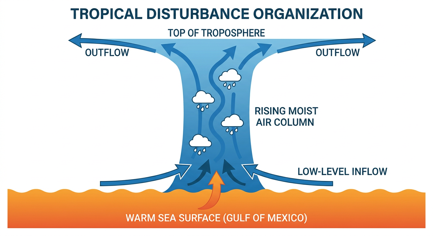 An educational cross-section diagram illustrating how a tropical disturbance organizes over warm Gulf of Mexico waters, showing warm sea surface shaded orange, rising moist air column with cloud symbols, outflow arrows at the top of the troposphere, and low-level inflow arrows at the surface, clean labeled infographic style in blue and orange tones, side profile view, no geography or maps shown