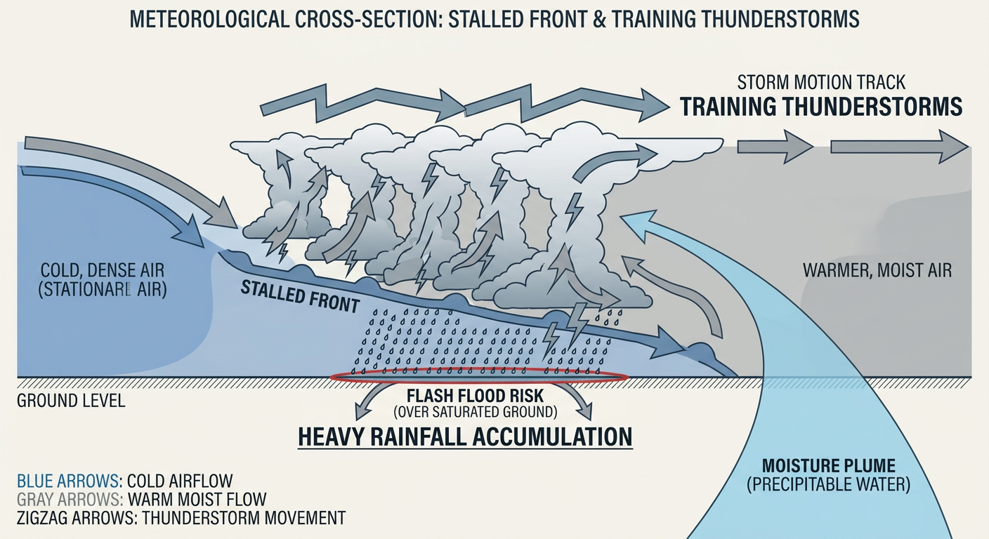 A cross-section diagram showing a stalled frontal boundary with a plume of tropical moisture feeding repeated thunderstorm cells over the same location, labeled with precipitable water values and arrows showing training storm motion