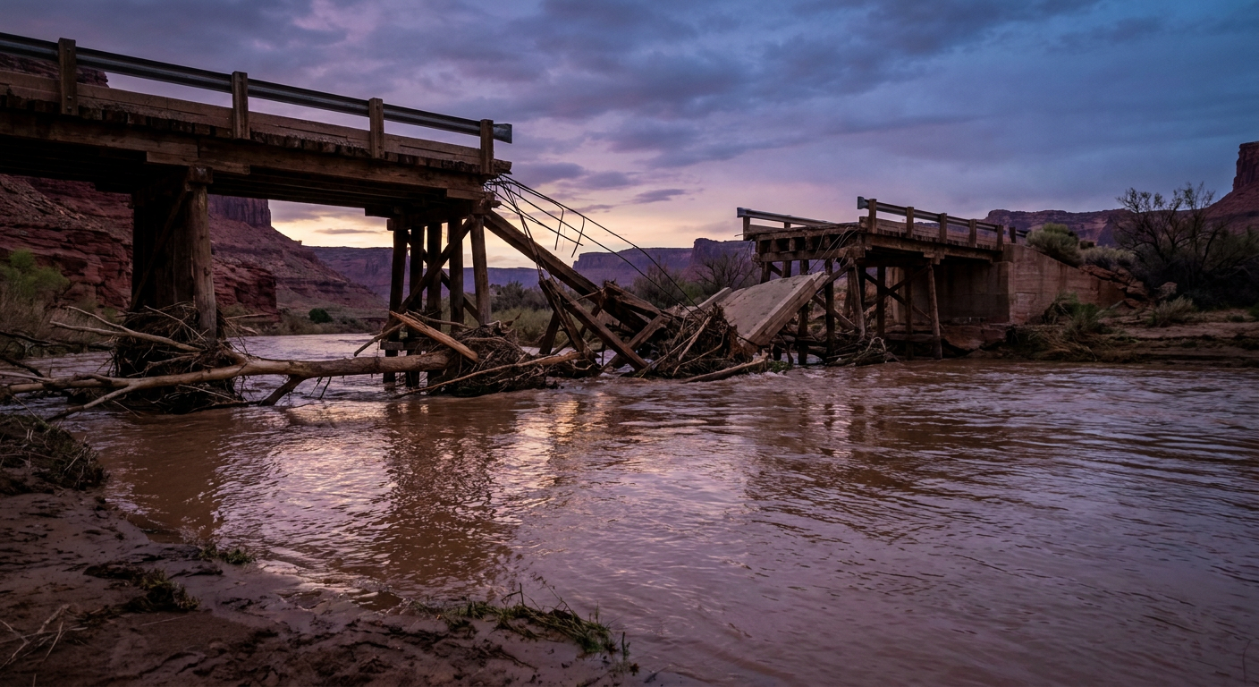 Floodwater surrounds a washed-out dirt road bridge in a desert canyon at dusk, muddy brown river water reflecting fading purple-orange sky, debris caught against eroded banks, low wide shot from the riverbank