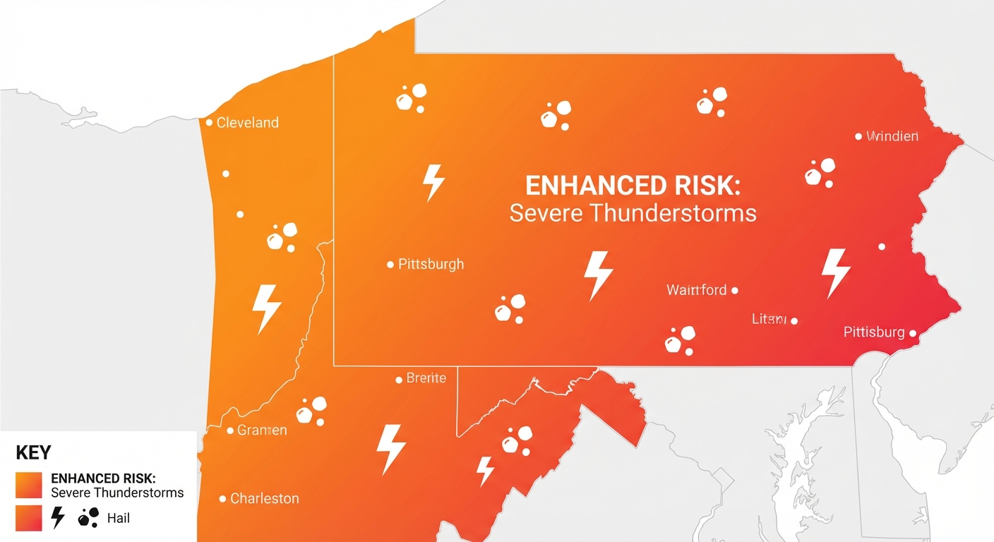Map showing the severe weather threat area over Pennsylvania and Ohio