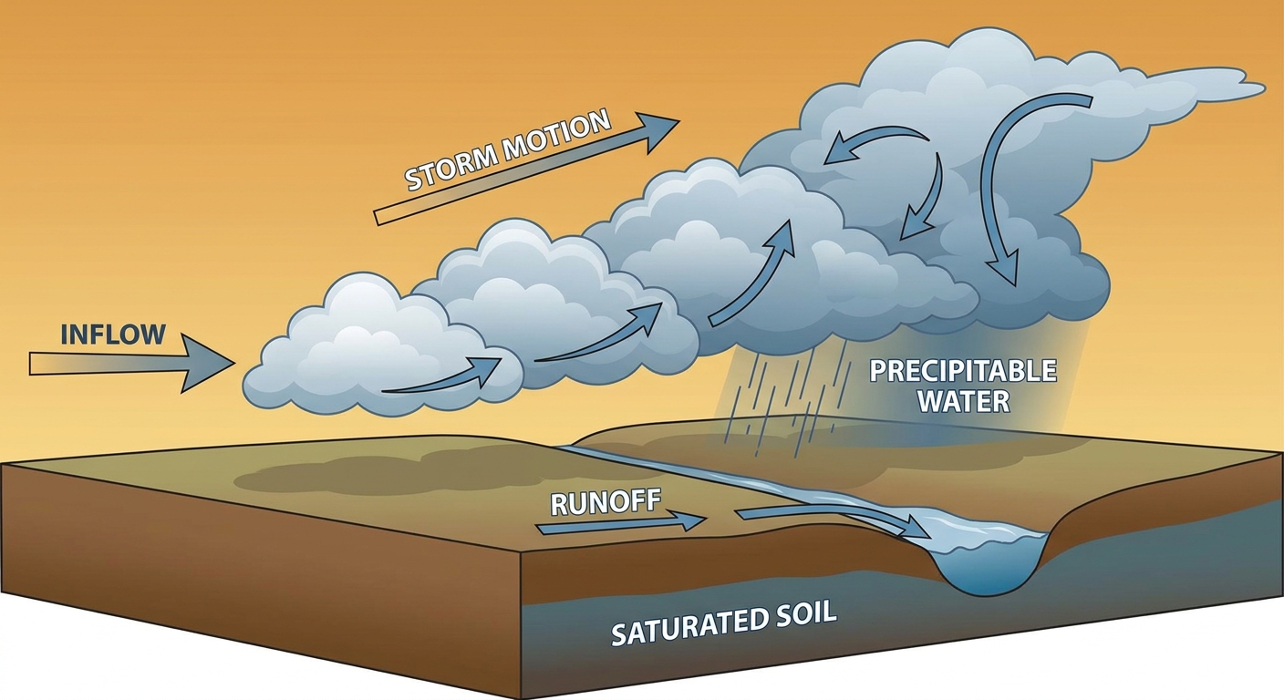 Diagram showing training thunderstorms repeatedly crossing the same ground, with labeled arrows for storm motion, inflow moisture, saturated soil layer, and surface runoff, clean educational cross-section style, warm amber and blue-gray palette, no text overlays beyond simple labels