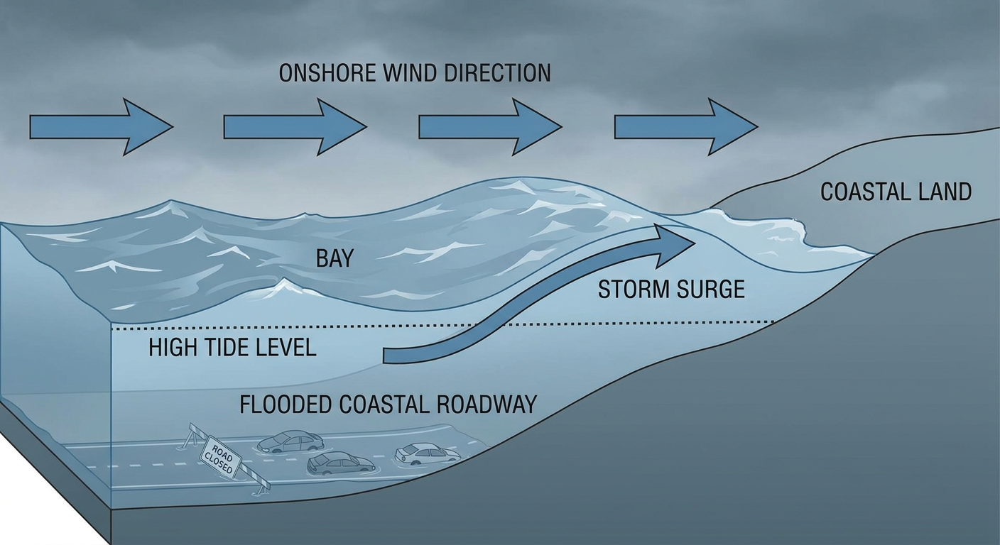 Ground-level cross-section diagram of a coastal storm system showing persistent onshore wind flow pushing water into a bay, with labeled arrows for wind direction, storm surge stacking against high tide, and a flooded coastal roadway in the foreground, cool blue-gray color palette, educational infographic style
