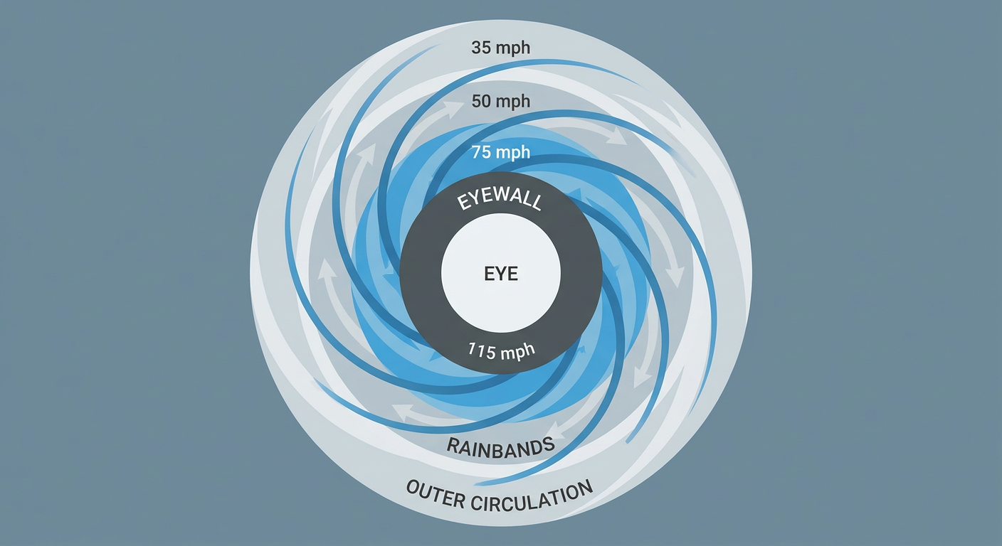Diagram of a hurricane's wind field showing the eyewall, inner rainbands, and how sustained wind speed decreases with distance from the center, labeled with wind speed rings in mph, clean educational infographic style, no geography or map shown