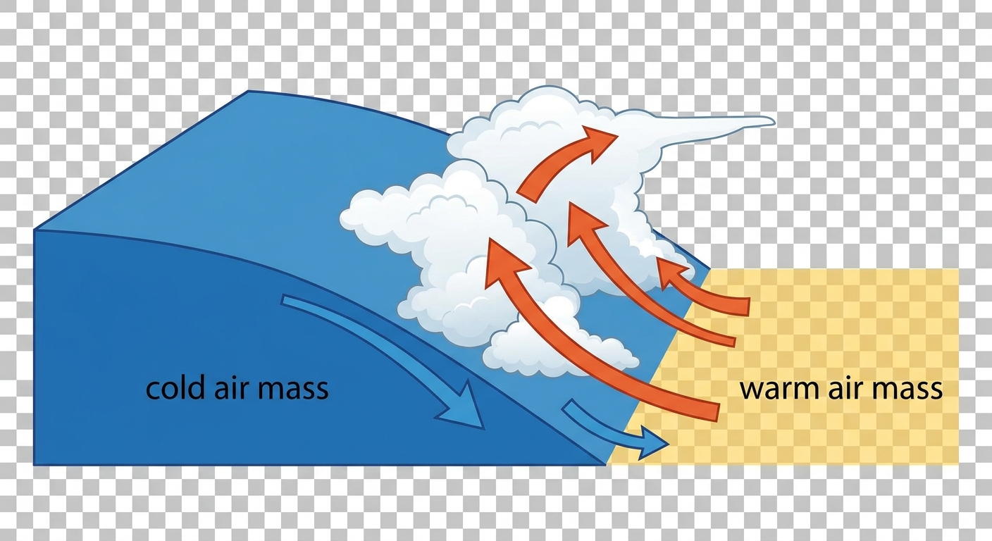 Diagram showing a steep cold front undercutting warm, moist air to create a line of thunderstorms