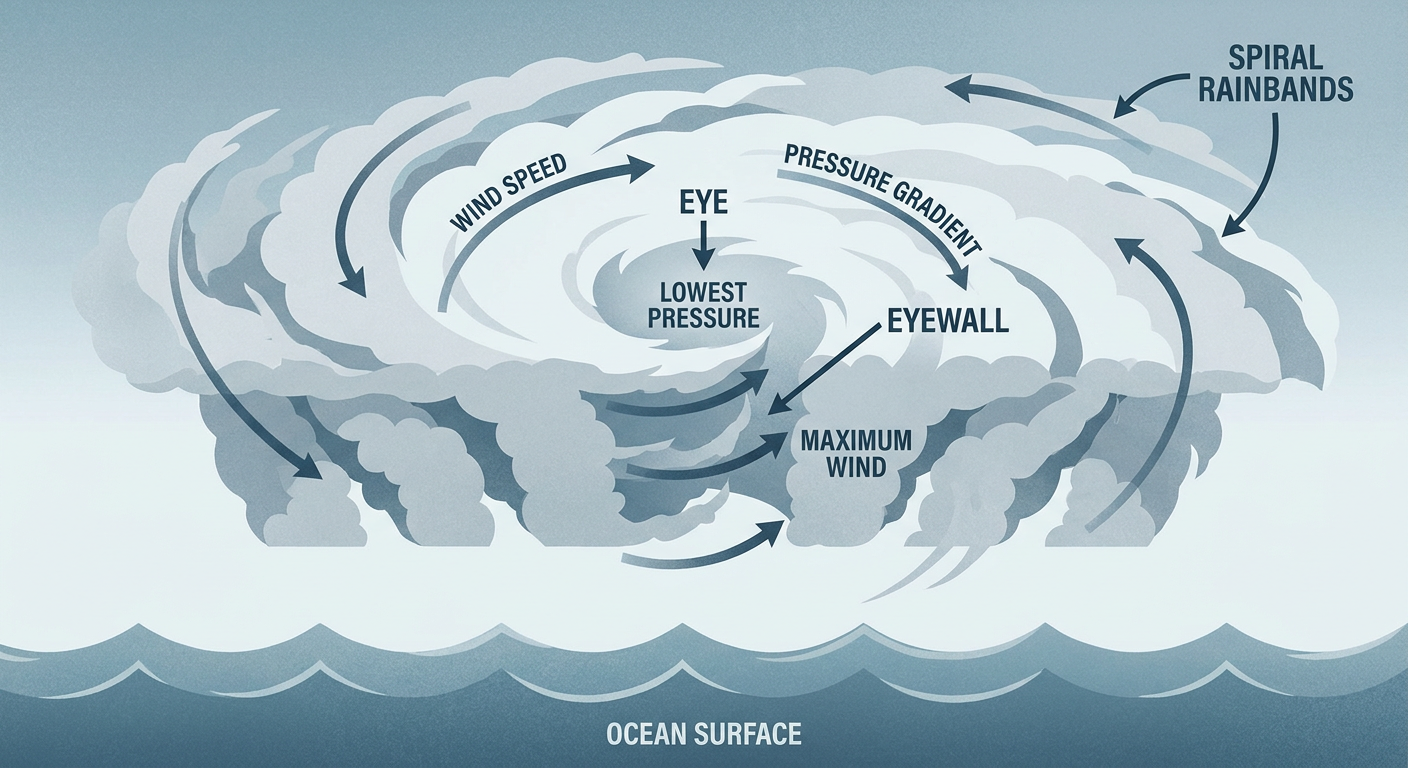 Cross-section diagram of a mature Category 4 hurricane showing the eye, eyewall, and surrounding rainbands with labeled wind speeds and pressure gradient