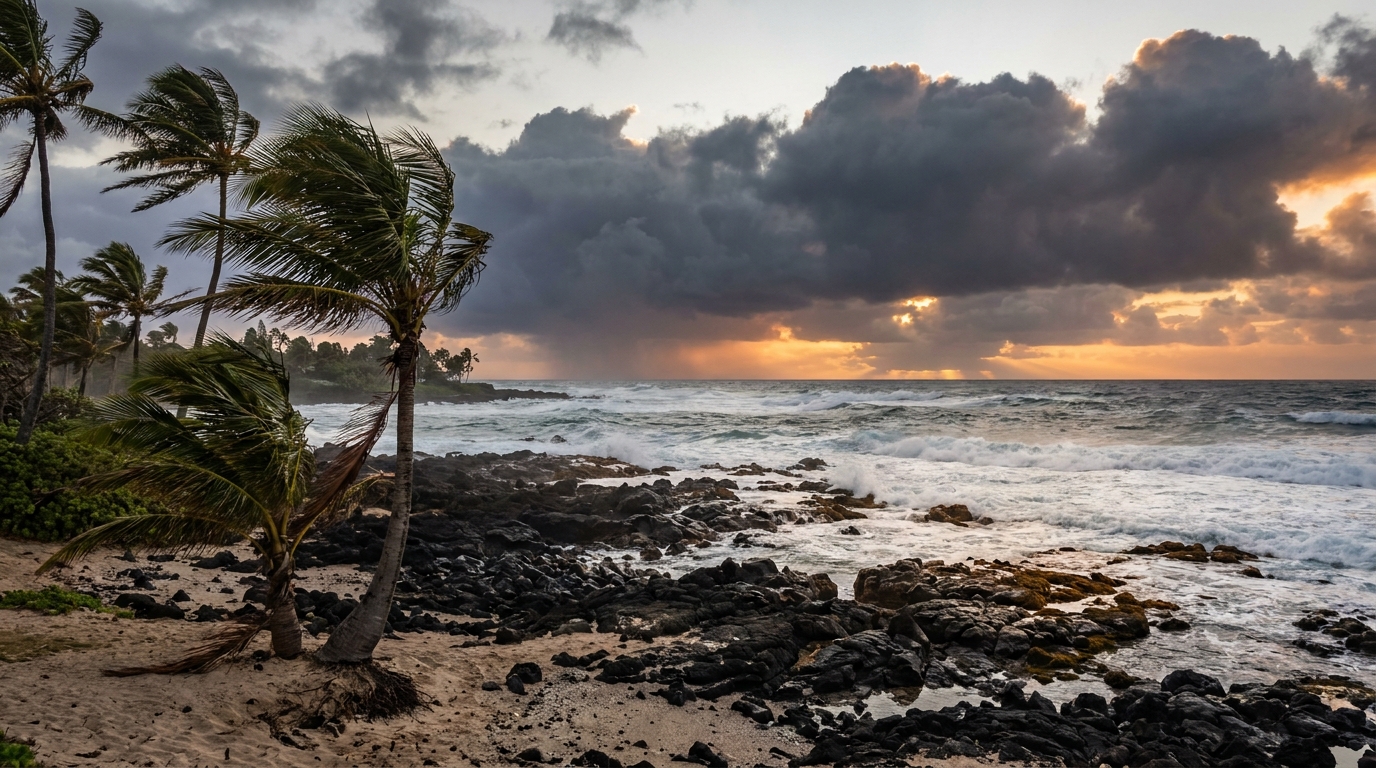 Palm trees bending in strong onshore wind along a Hawaiian shoreline at dusk, dark storm clouds building offshore over the ocean, warm amber sunset light breaking through in the distance, wide establishing shot from the beach looking seaward