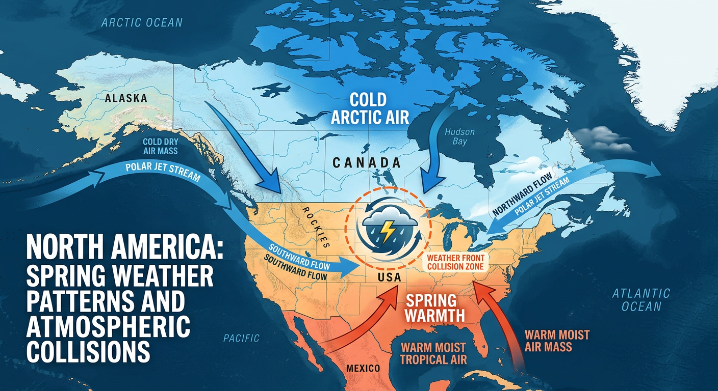 Diagram showing Arctic air spilling south and colliding with warm Southern air