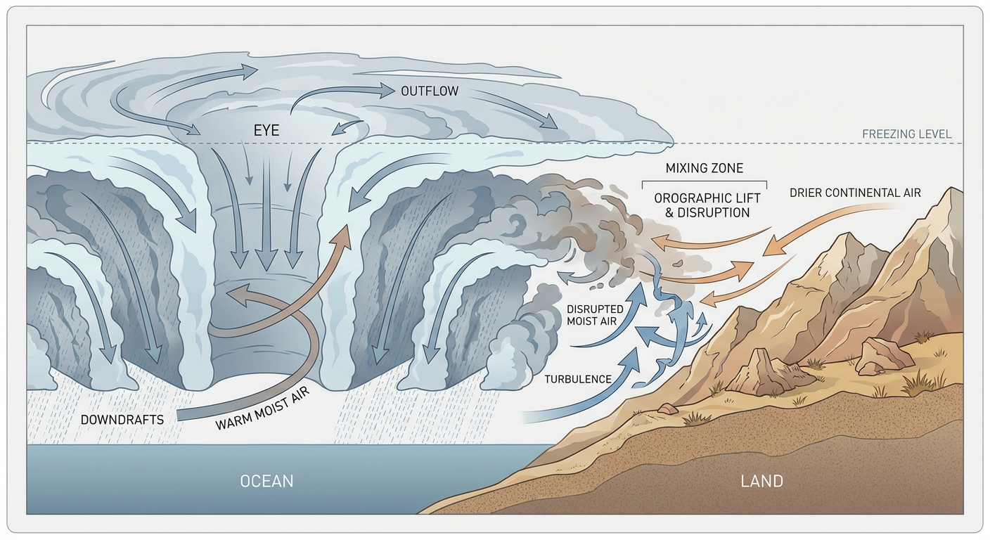 A hurricane's eyewall losing its warm, moist inflow as it brushes against a coastal mountain range, shown as a labeled cross-section diagram with arrows indicating disrupted airflow