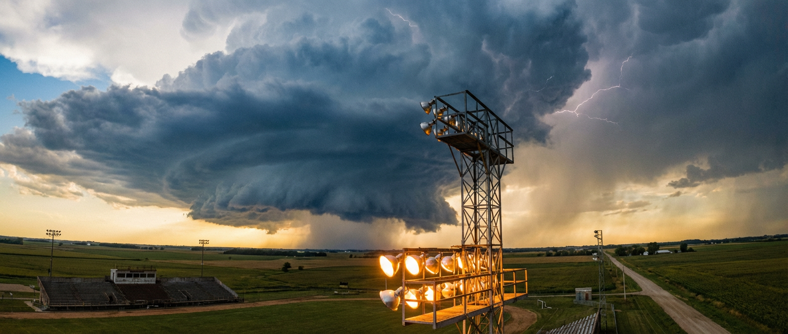 Dark storm clouds gathering over a stadium light tower