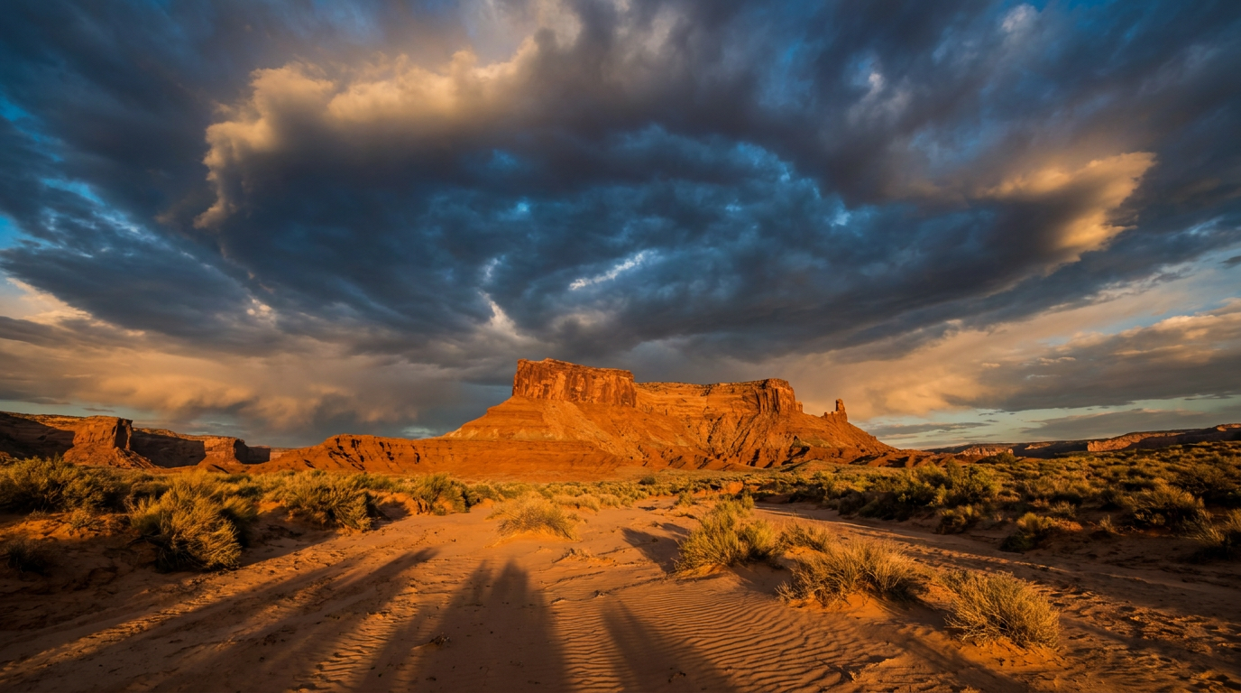 Dramatic monsoon-season clouds building over a red rock desert mesa in the Four Corners region, early evening golden-hour light casting long shadows across a dry wash in the foreground, warm amber and deep blue-gray color palette, wide low-angle shot looking up toward the darkening sky