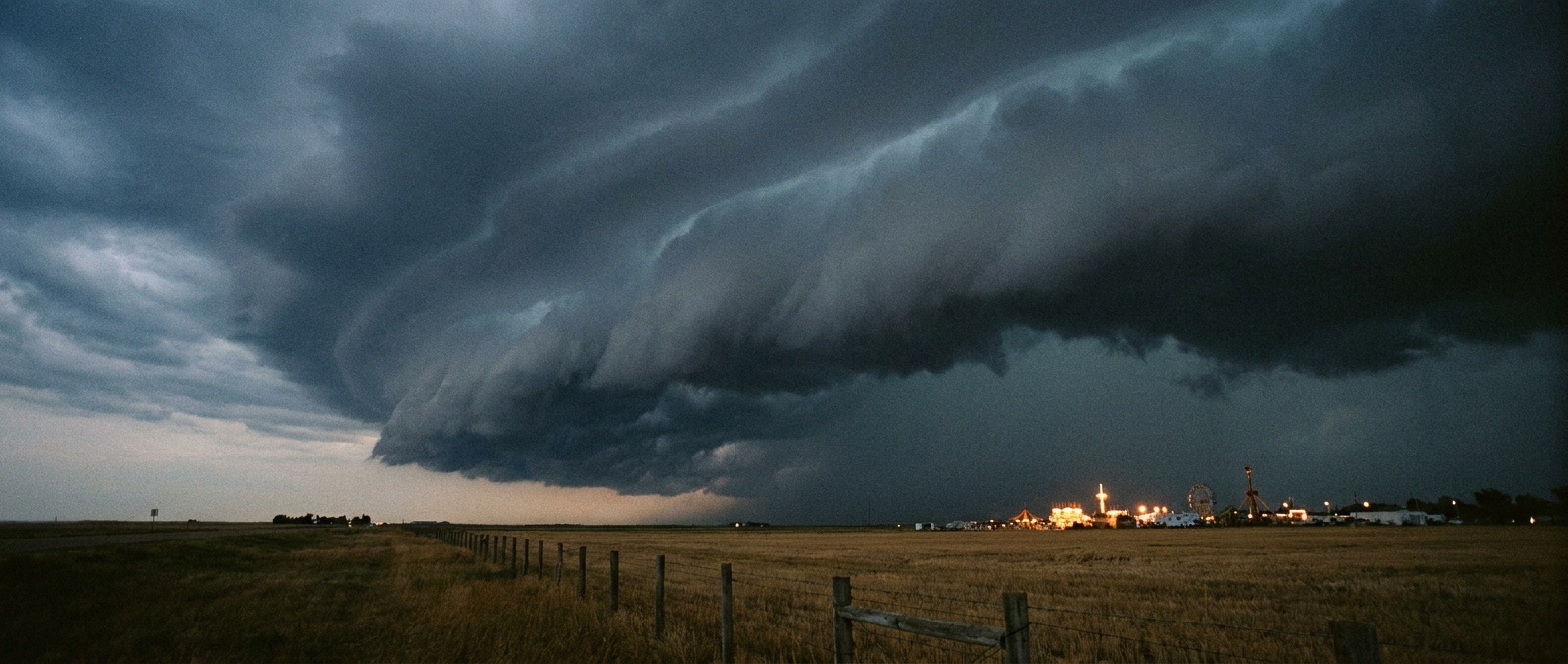 A shelf cloud rolling over farmland toward a distant grandstand and fairground lights, wide low-angle view, dusk lighting with cool blue-gray storm shadow contrasting warm amber midway glow in the distance, Midwest agricultural landscape with a wooden fence line in the foreground