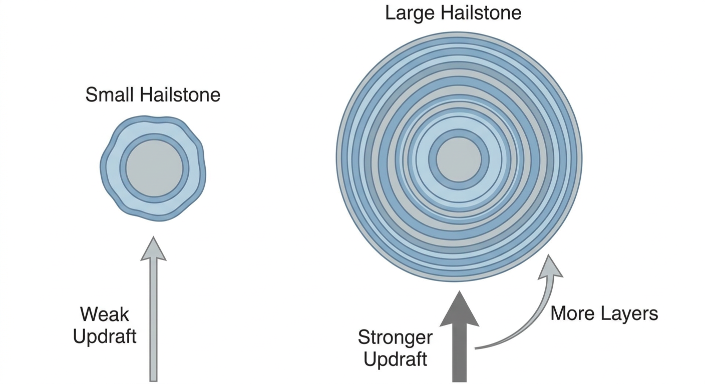 Side-by-side illustration comparing a small hailstone cross-section with concentric growth rings against a larger hailstone cross-section with many more rings, labeled updraft strength