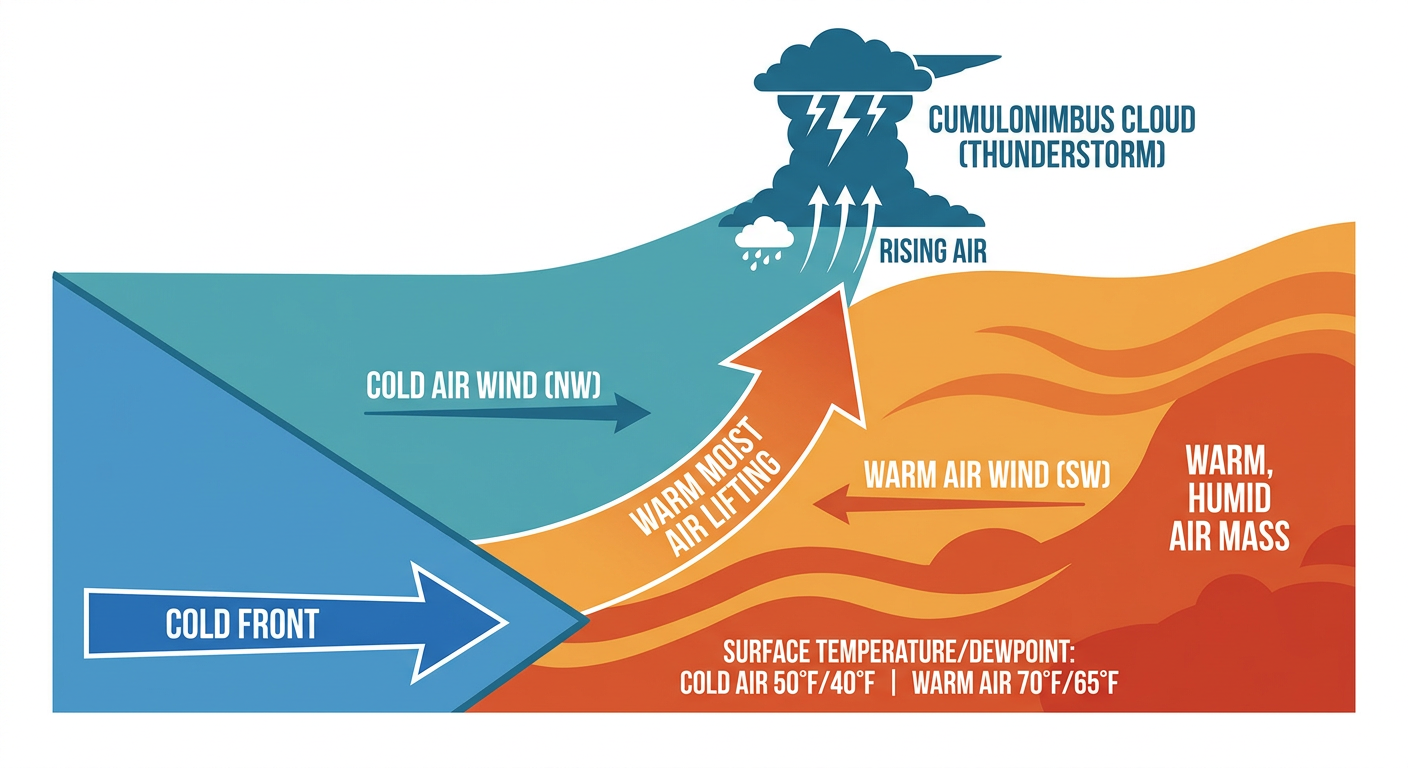 Simple diagram showing how a cold front lifting warm, humid Gulf air ahead of it builds instability, illustrated as a wedge of warm moist air being lifted by an advancing cooler air mass, with a thunderstorm cloud forming at the leading edge