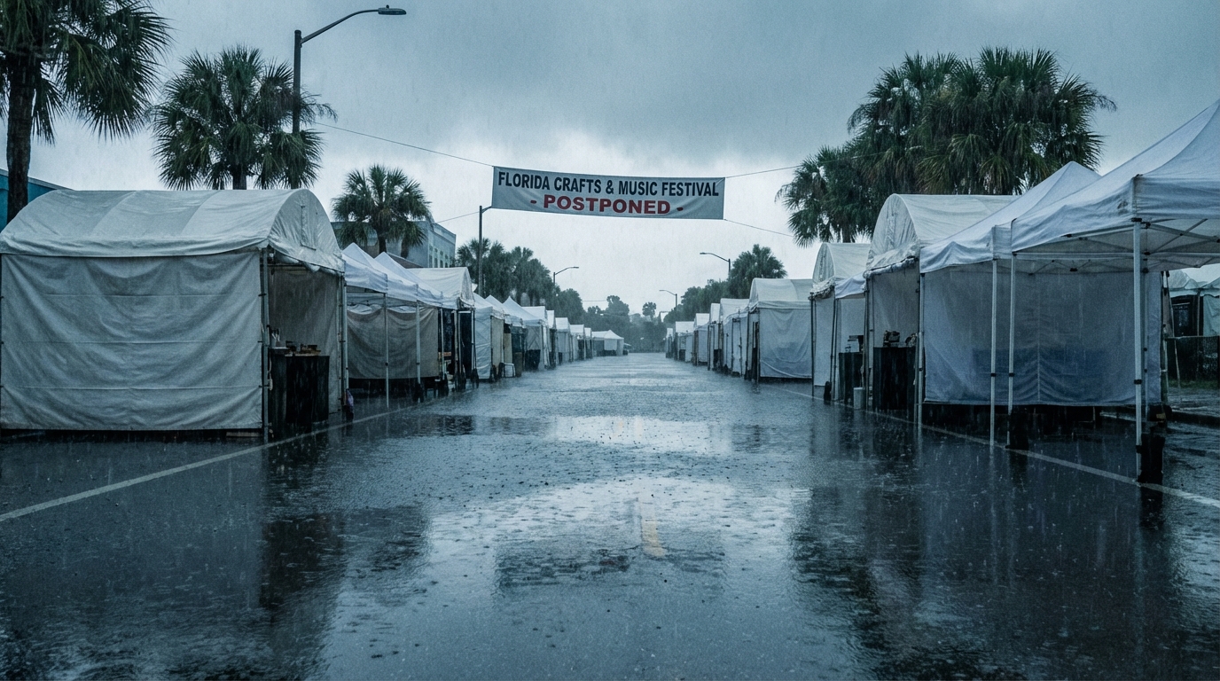 Heavy rain falling on an outdoor festival tent setup