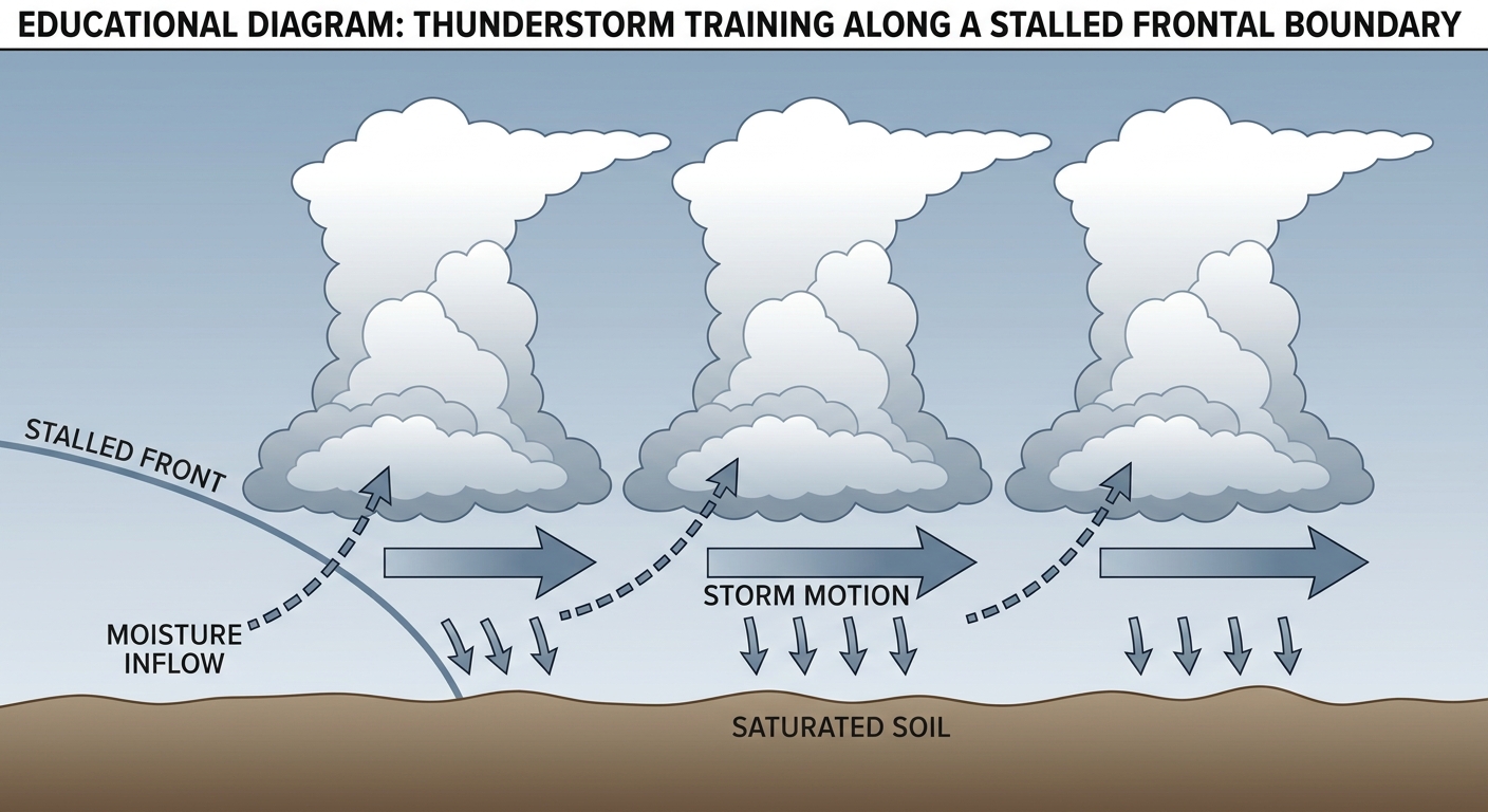 A cross-section diagram showing three thunderstorm cells lined up along a stalled front, arrows showing storms training one after another over the same ground, clean explainer style with labeled labels for moisture inflow and saturated soil, muted blue and gray palette, no text logos