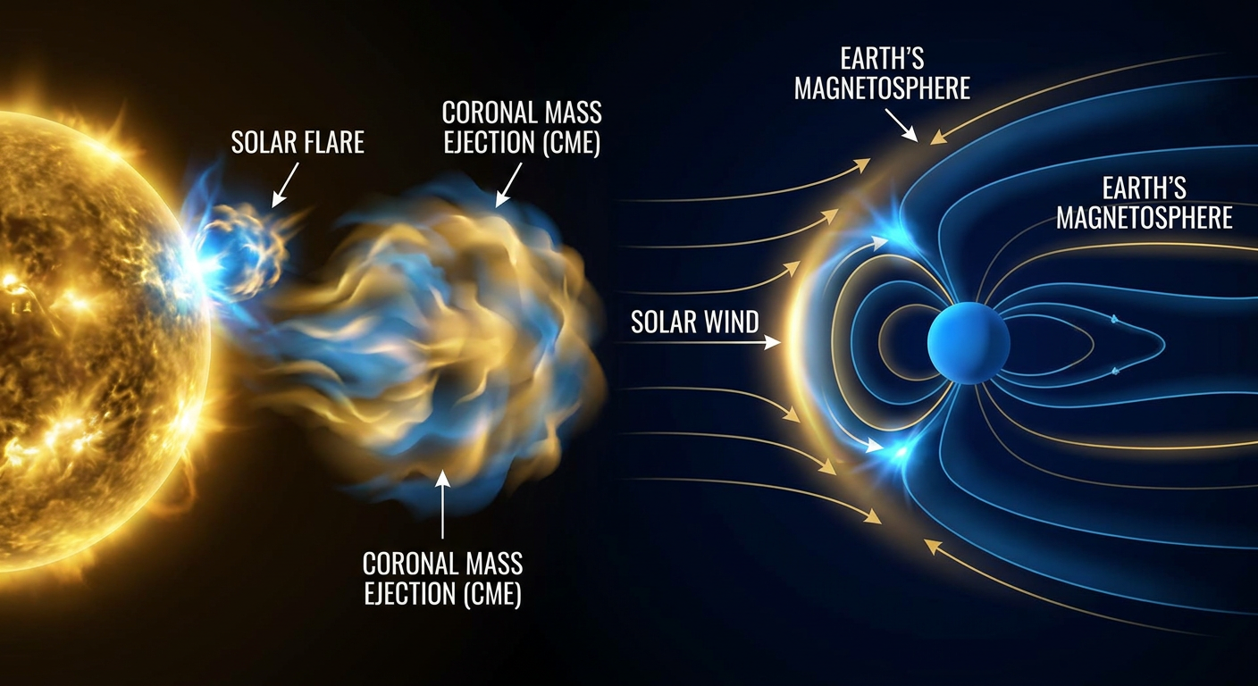 Diagram showing a coronal mass ejection interacting with Earth's magnetic field