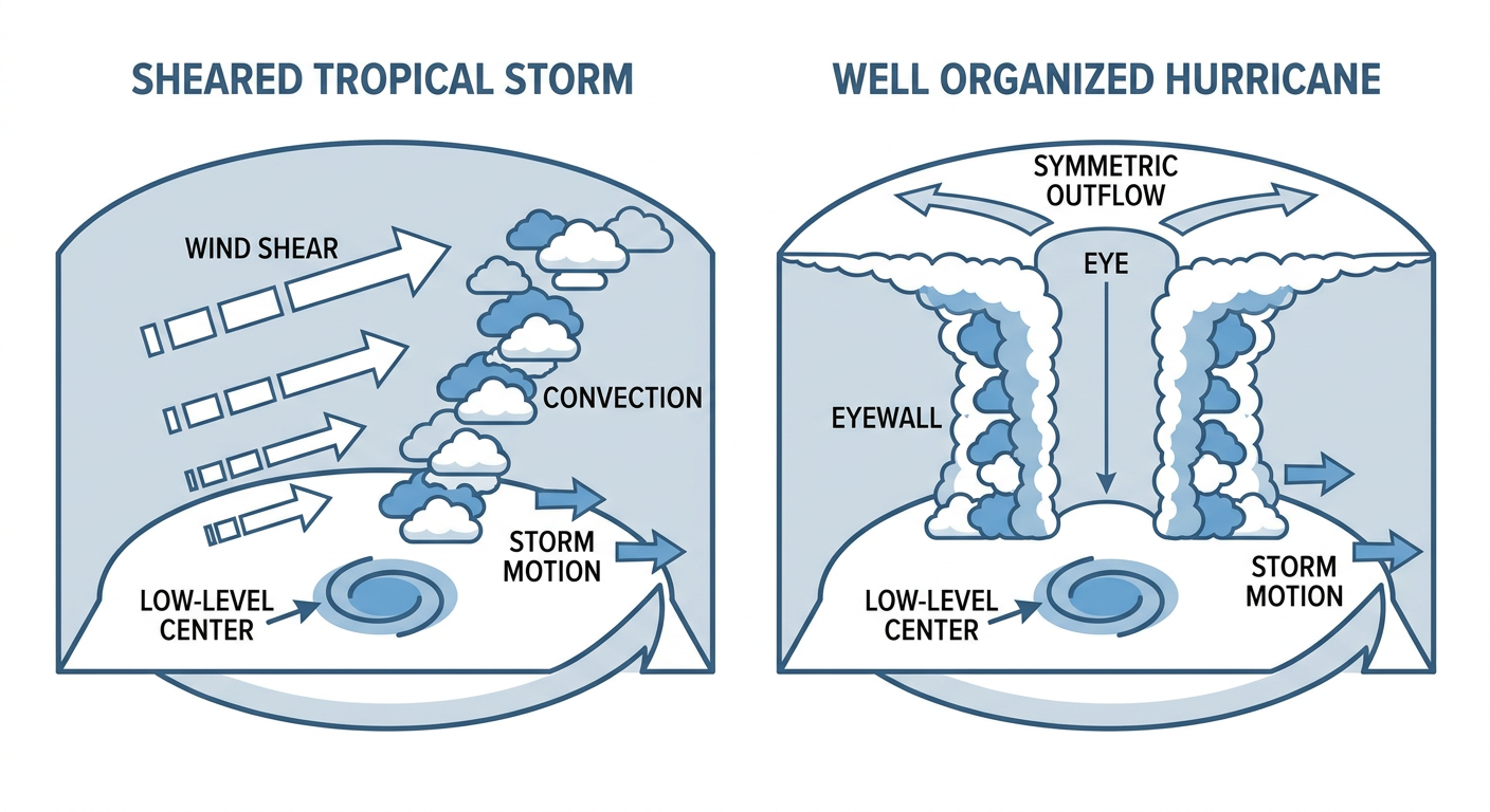 A cutaway diagram comparing a sheared tropical storm to a well organized hurricane, showing wind shear tilting the storm's convection away from the low-level center on one side, and a symmetric eyewall forming on the other side, labeled with simple arrows for shear direction and storm motion, clean educational chart style, muted blue and white color palette