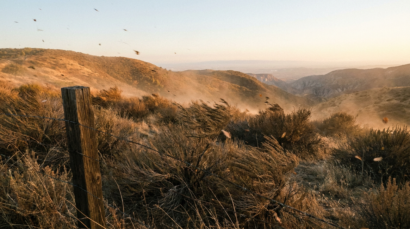 Golden hour offshore wind bending dry chaparral brush on a Southern California foothill, dusty warm light, low wide shot