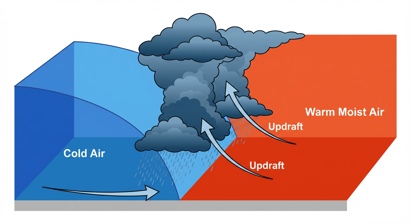 Atmospheric cross-section showing a cold front lifting warm, moist air to form thunderstorms, with clear text labels for 'Cold Air Mass', 'Warm Air Mass', and 'Updraft', set against a neutral white background.
