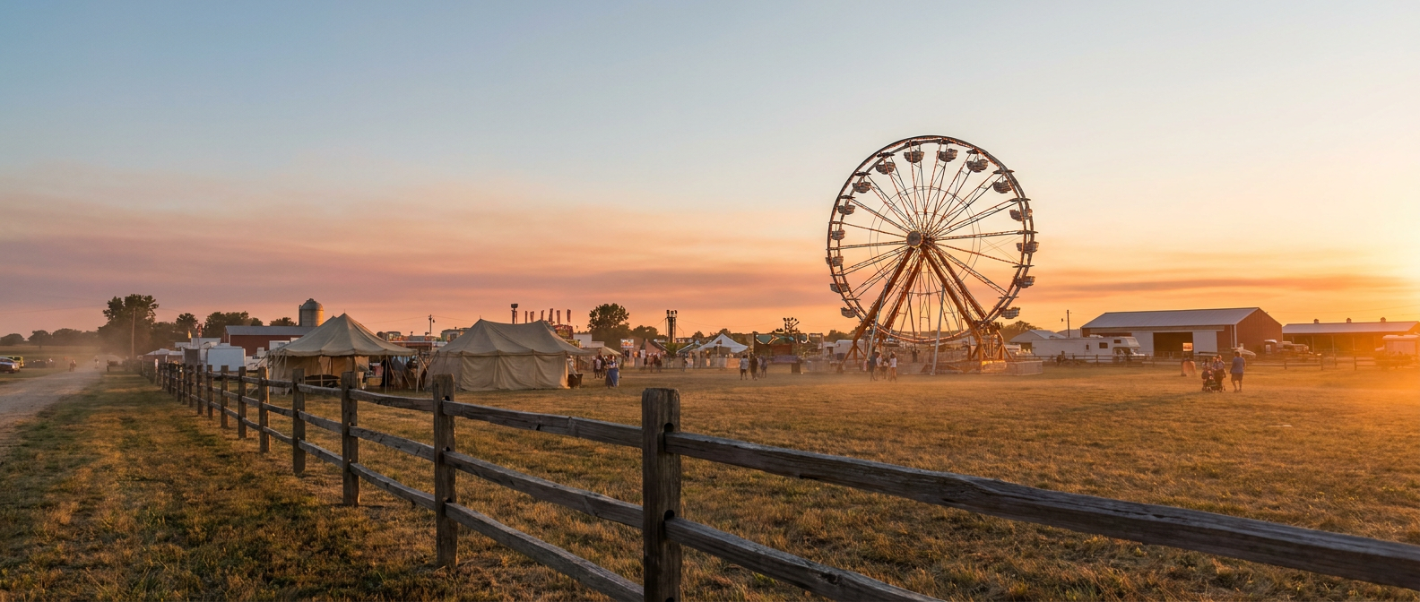 A summer evening at a Midwest fairground with a lit Ferris wheel silhouette against a clear golden-orange sunset sky