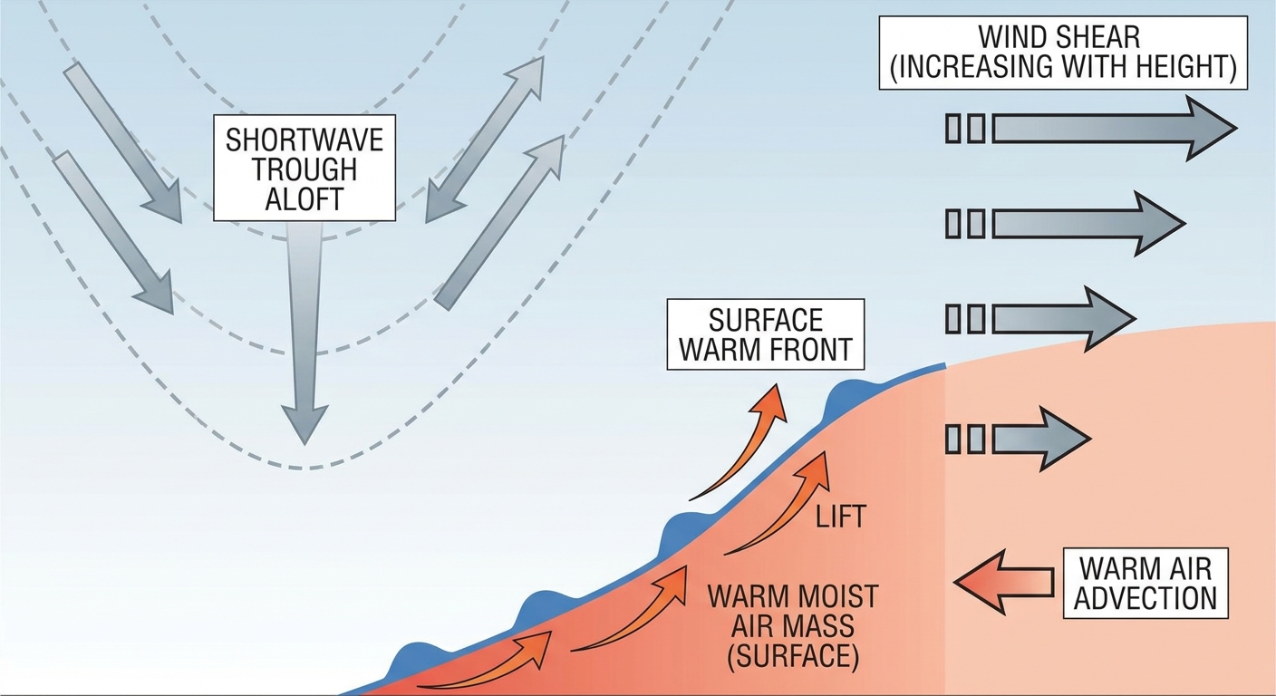 A cross-section diagram showing a shortwave trough aloft interacting with a surface warm front, with labeled arrows for wind shear, instability, and lift, rendered as a clean educational meteorology schematic with no text branding
