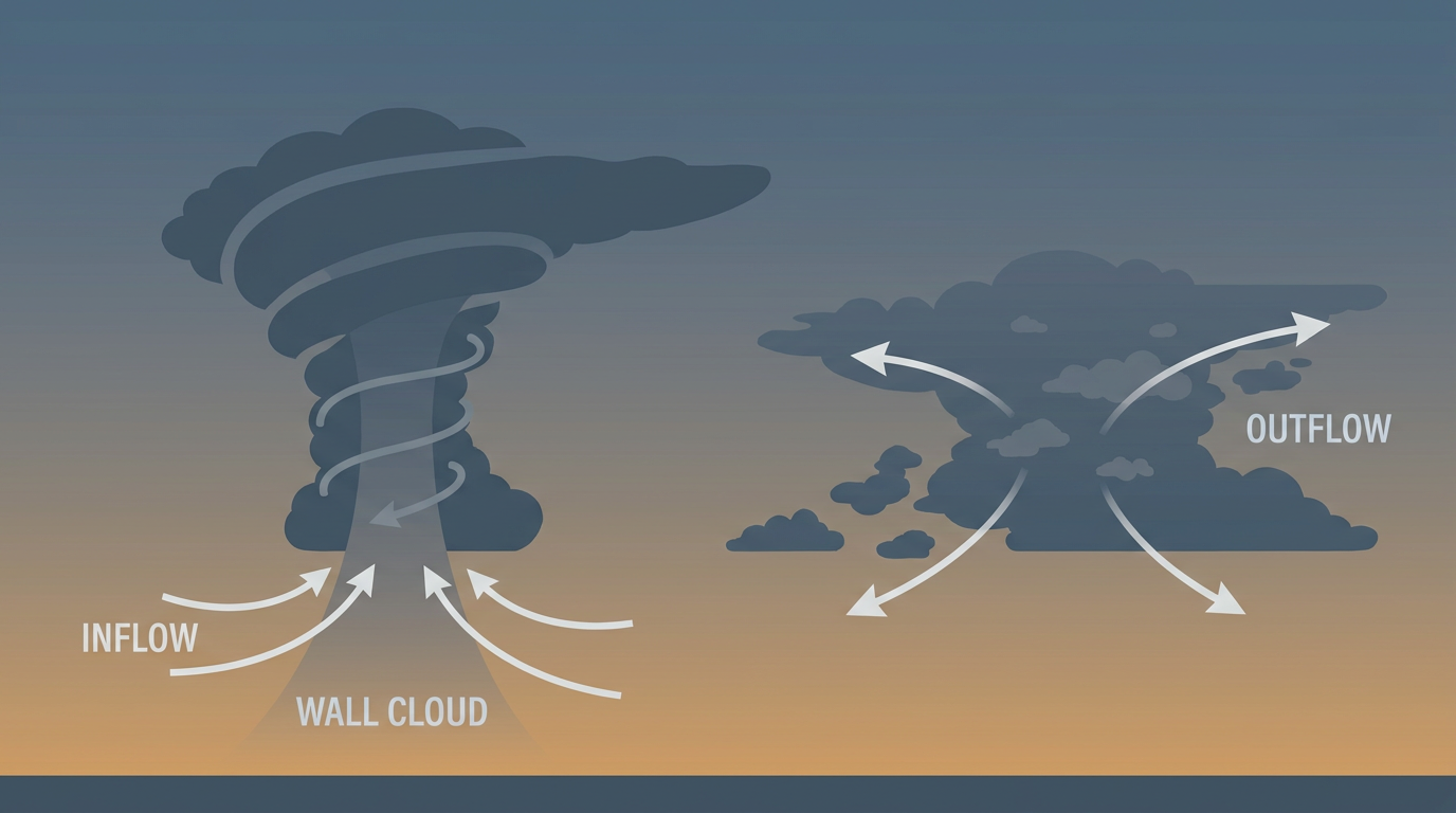 Diagram comparing a mature supercell updraft tower with a labeled mesocyclone and wall cloud against a weaker, disorganized storm cell, side by side for educational contrast